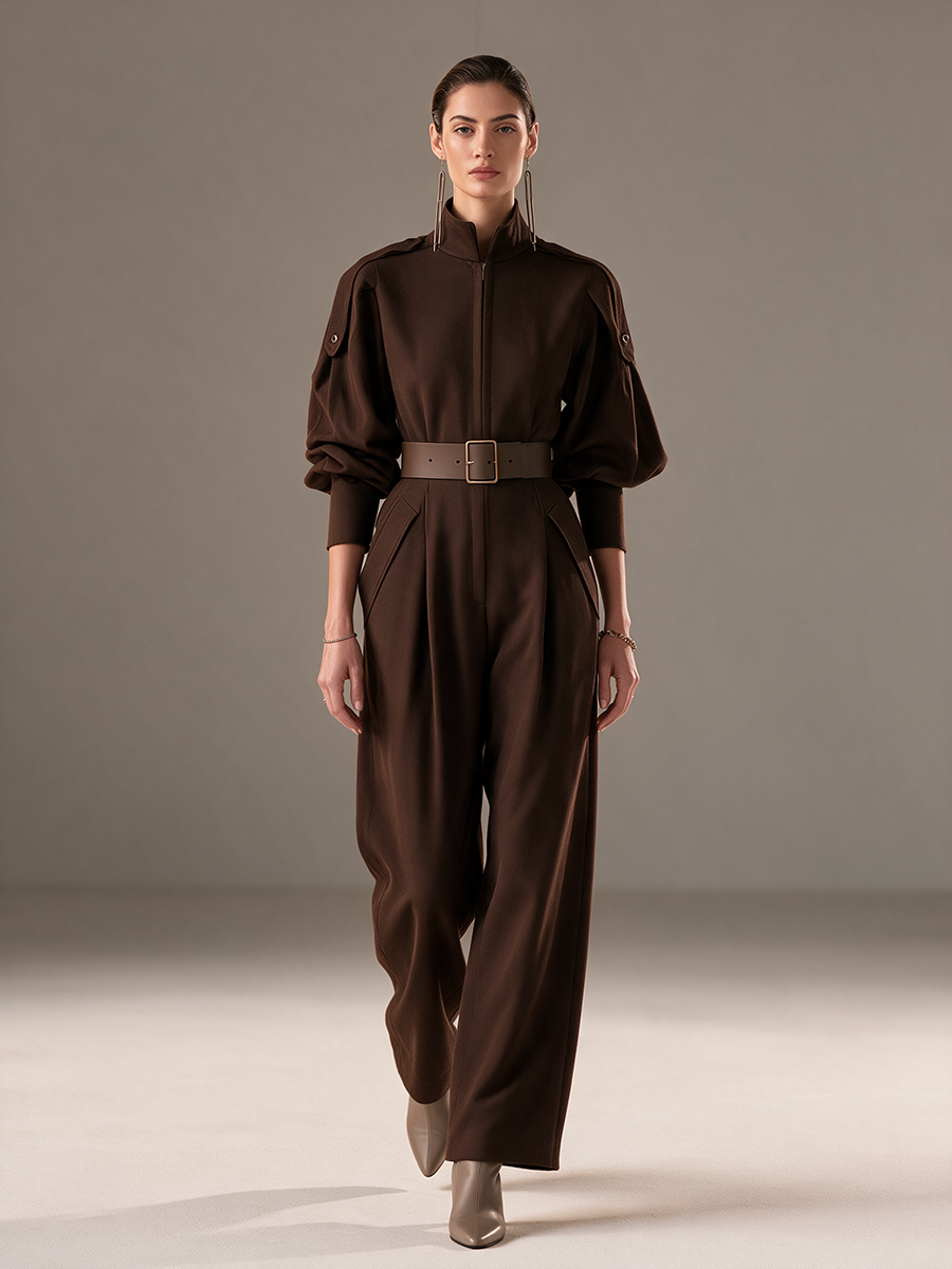 Women's Stand-Collar Zip-Front Balloon-Sleeve Belted Wide-Leg Jumpsuit MDZ3119H2CMX