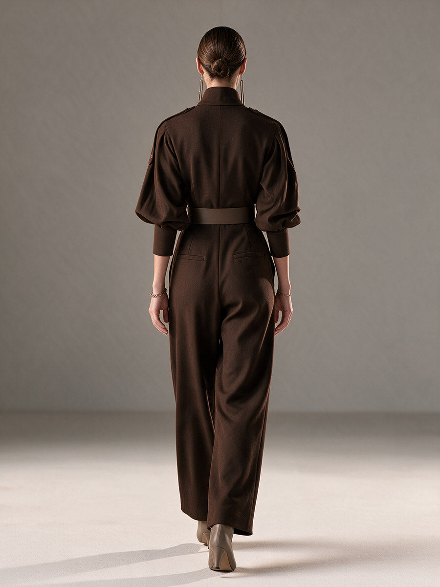 Women's Stand-Collar Zip-Front Balloon-Sleeve Belted Wide-Leg Jumpsuit MDZ3119H2CMX