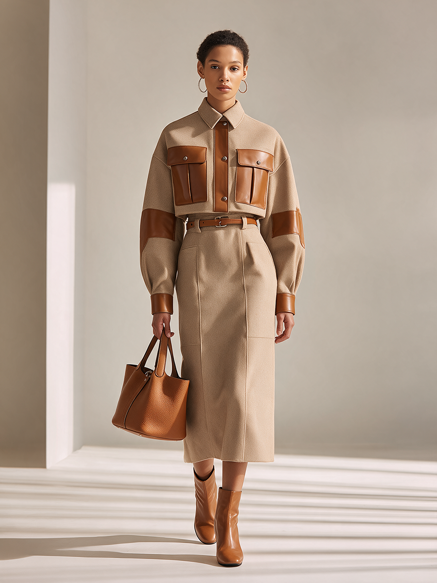 Women's Collared Leather-Panel Single-Breasted Drop-Shoulder Long-Sleeve Cropped Jacket And High-Waisted Skirt Set MDZ3137H8CMX