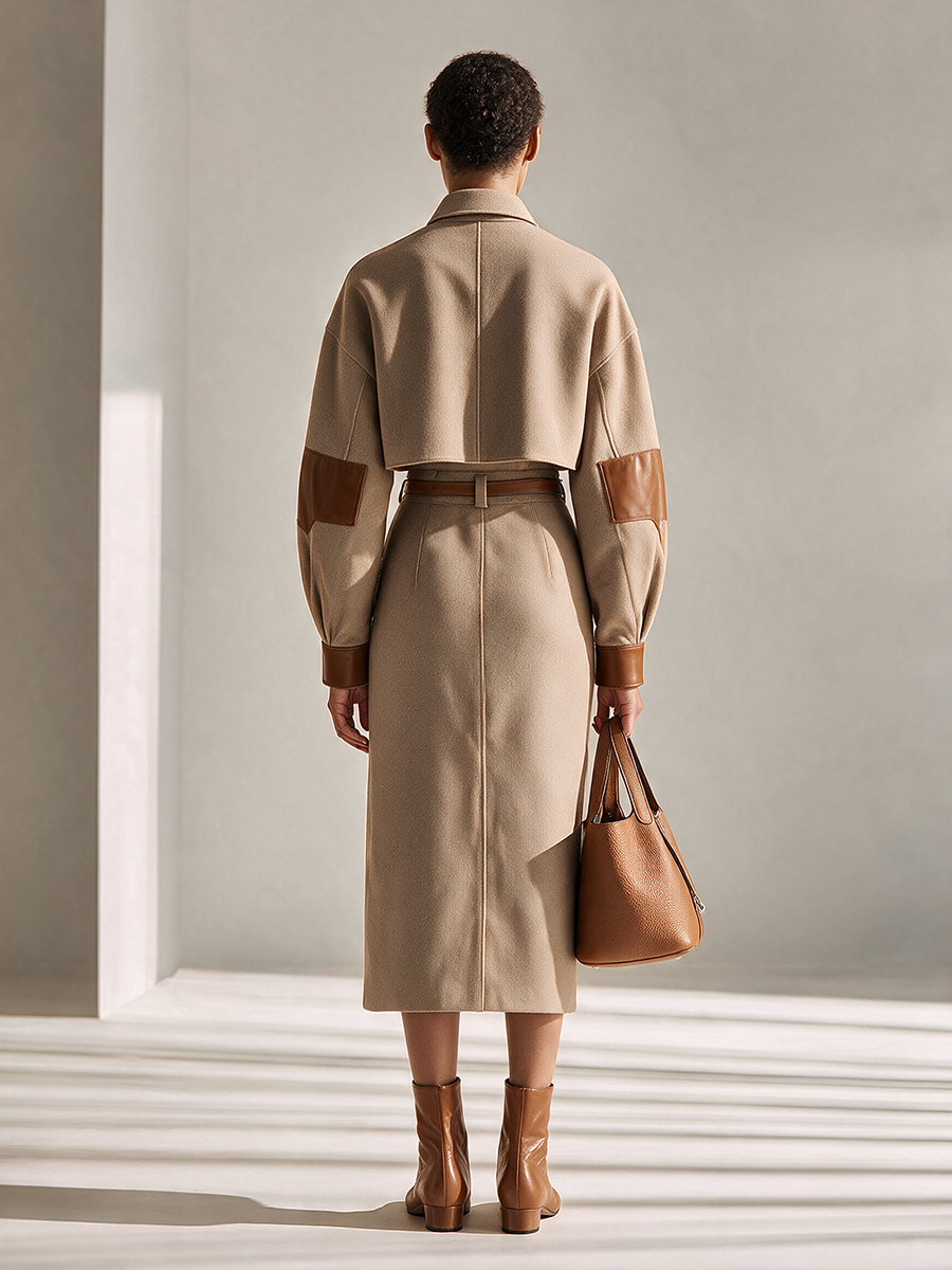 Women's Collared Leather-Panel Single-Breasted Drop-Shoulder Long-Sleeve Cropped Jacket And High-Waisted Skirt Set MDZ3137H8CMX