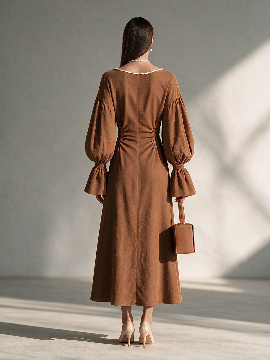 Women's Boat-Neck Ruched-Waist Balloon-Sleeve Maxi Dress MDZ3114H3CMX