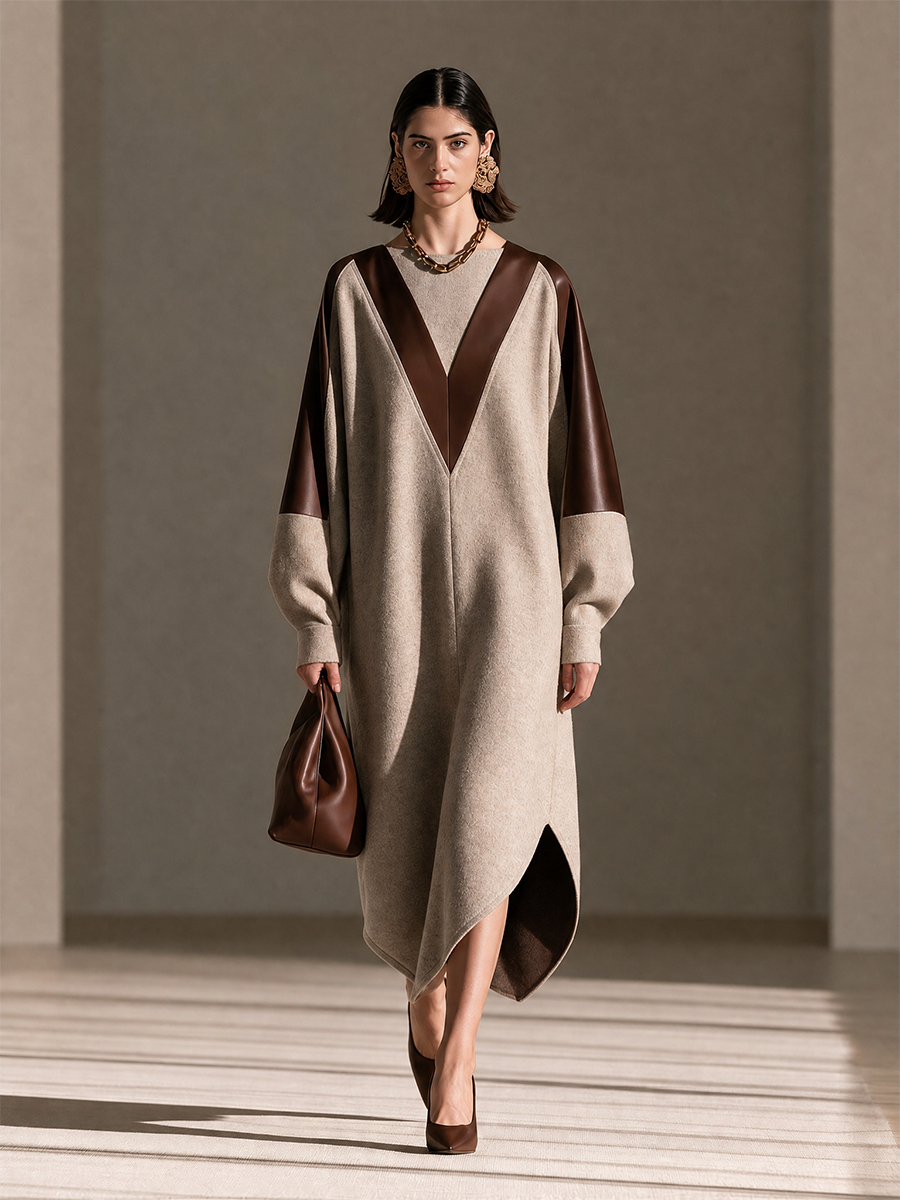 Women's Round-Neck Leather-Panel Drop-Shoulder Long-Sleeve Asymmetric-Hem Wool Maxi Dress MDZ3103H5CMX