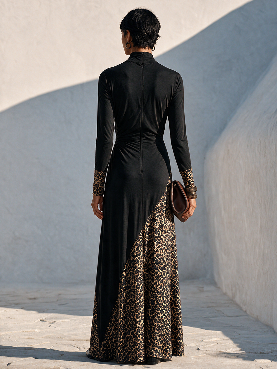 Women's Color-Block Leopard Print Panel Stretch Knit Maxi Dress MDZ3197H8ZRK