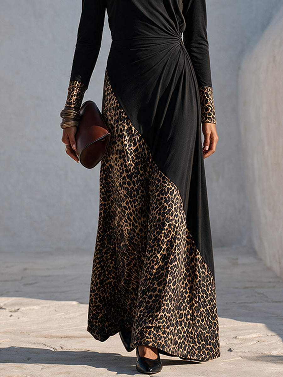 Women's Color-Block Leopard Print Panel Stretch Knit Maxi Dress MDZ3197H8ZRK