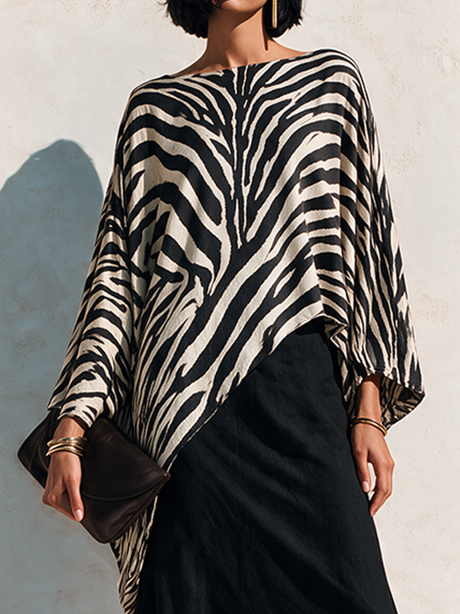 Women's Zebra-Print Asymmetric Hem Cotton-Blend Top MDZ3163H4ZRK