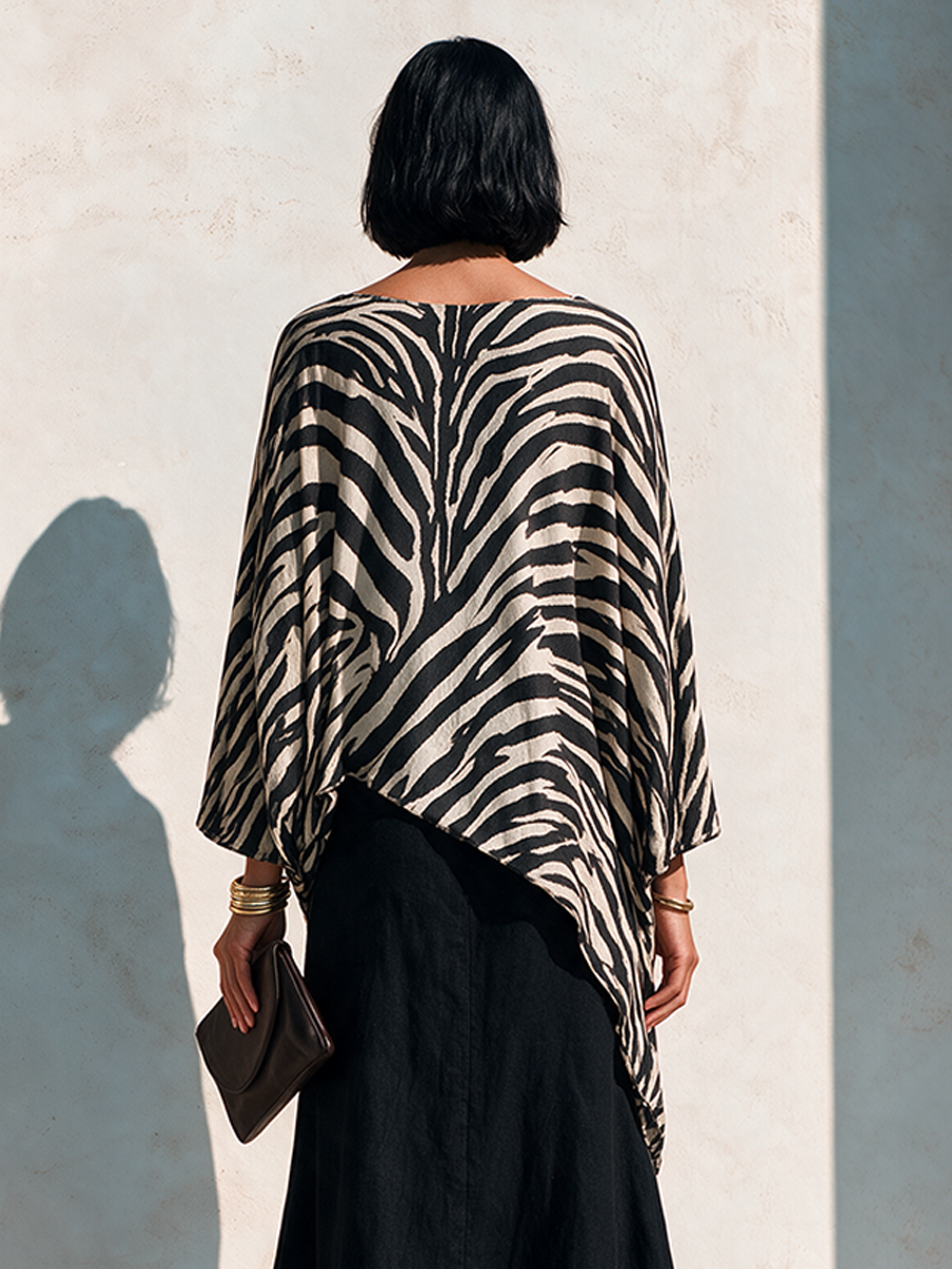 Women's Zebra-Print Asymmetric Hem Cotton-Blend Top MDZ3163H4ZRK