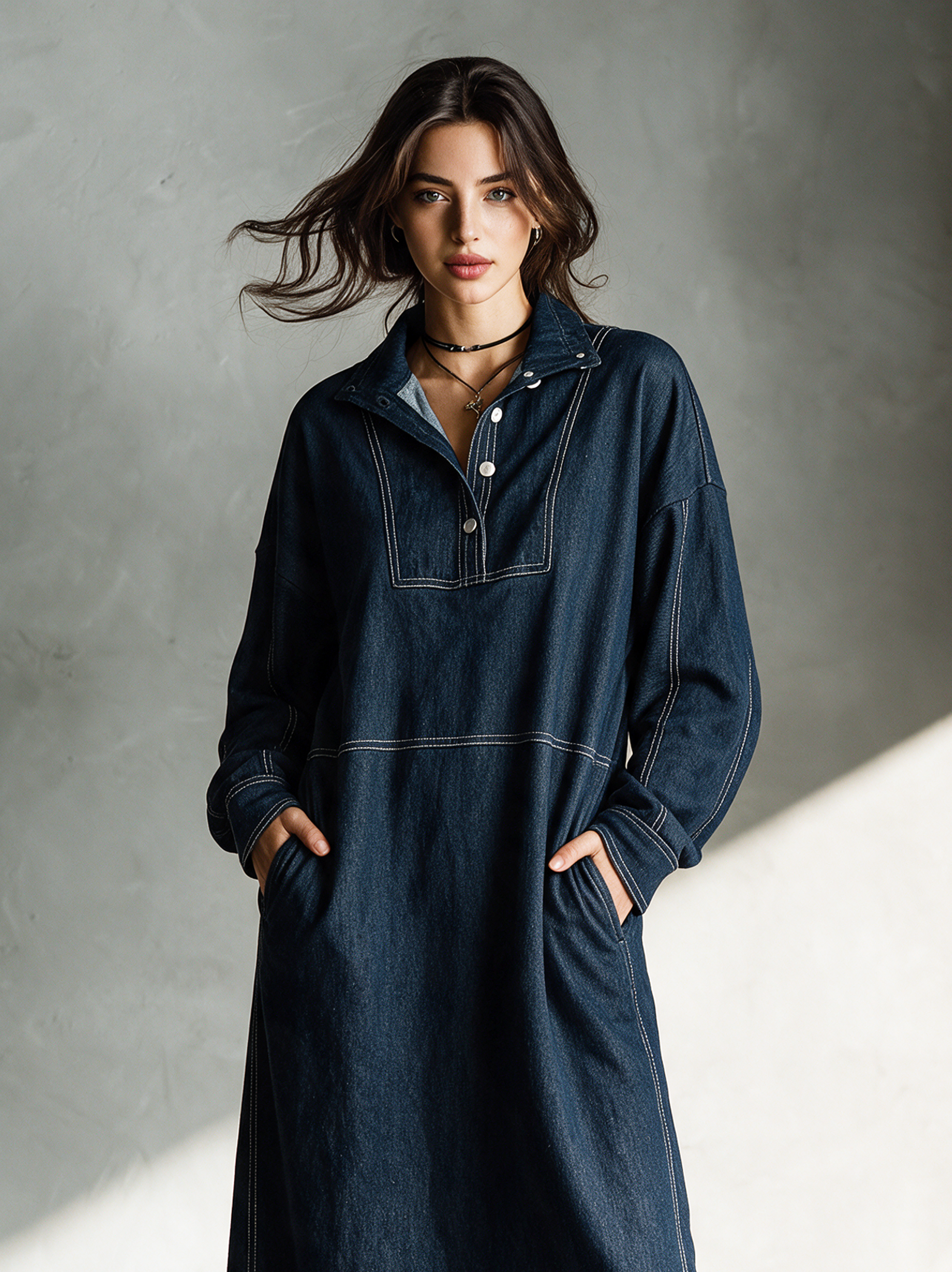 Women's Casual Long-Sleeve Denim Maxi Dress MDZ3122H6LXY