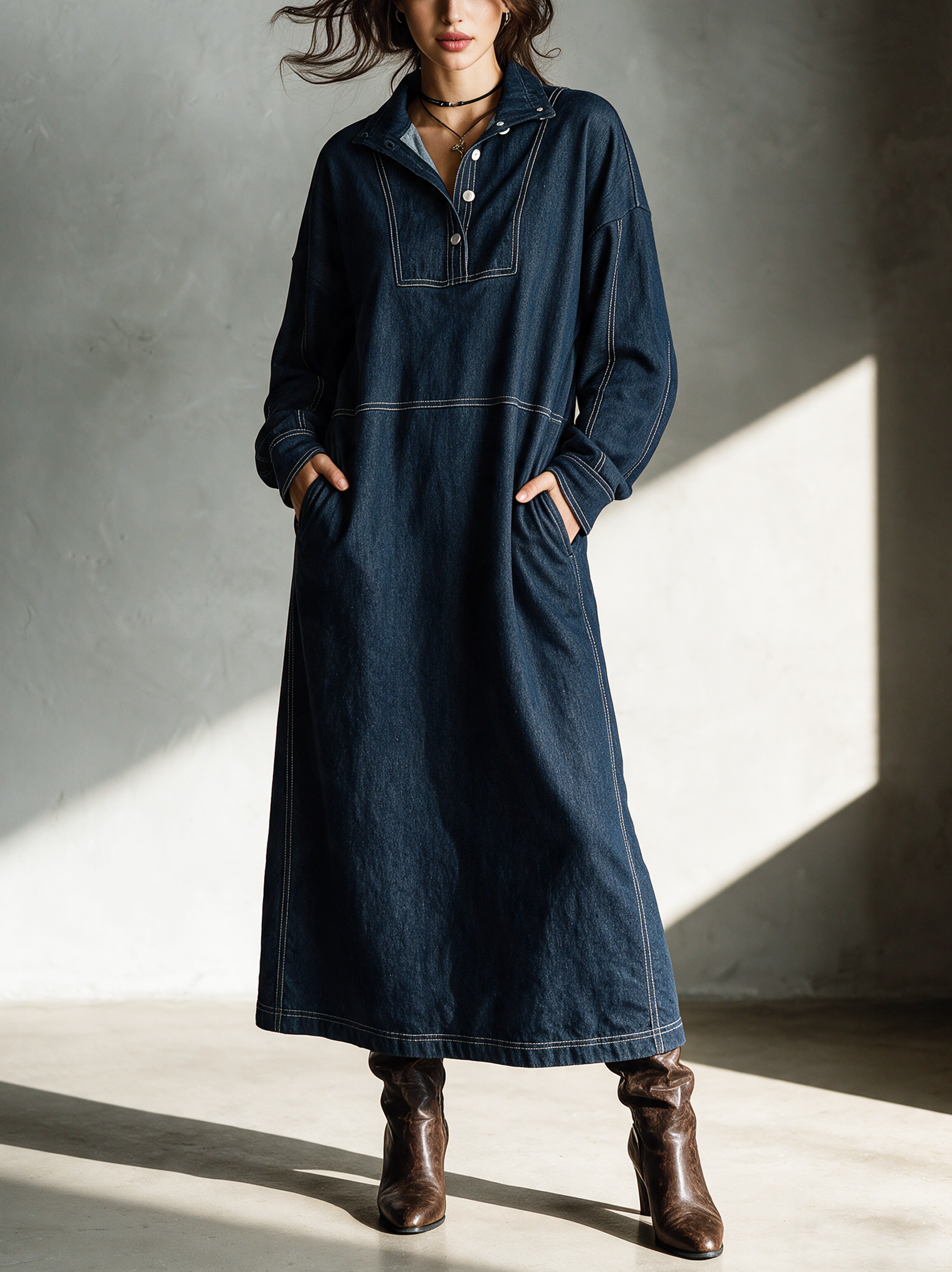 Women's Casual Long-Sleeve Denim Maxi Dress MDZ3122H6LXY