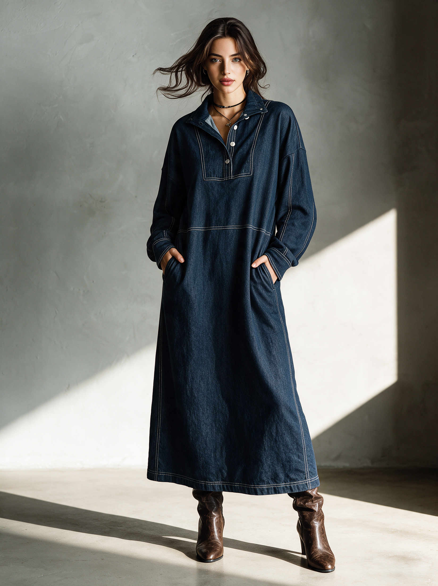 Women's Casual Long-Sleeve Denim Maxi Dress MDZ3122H6LXY