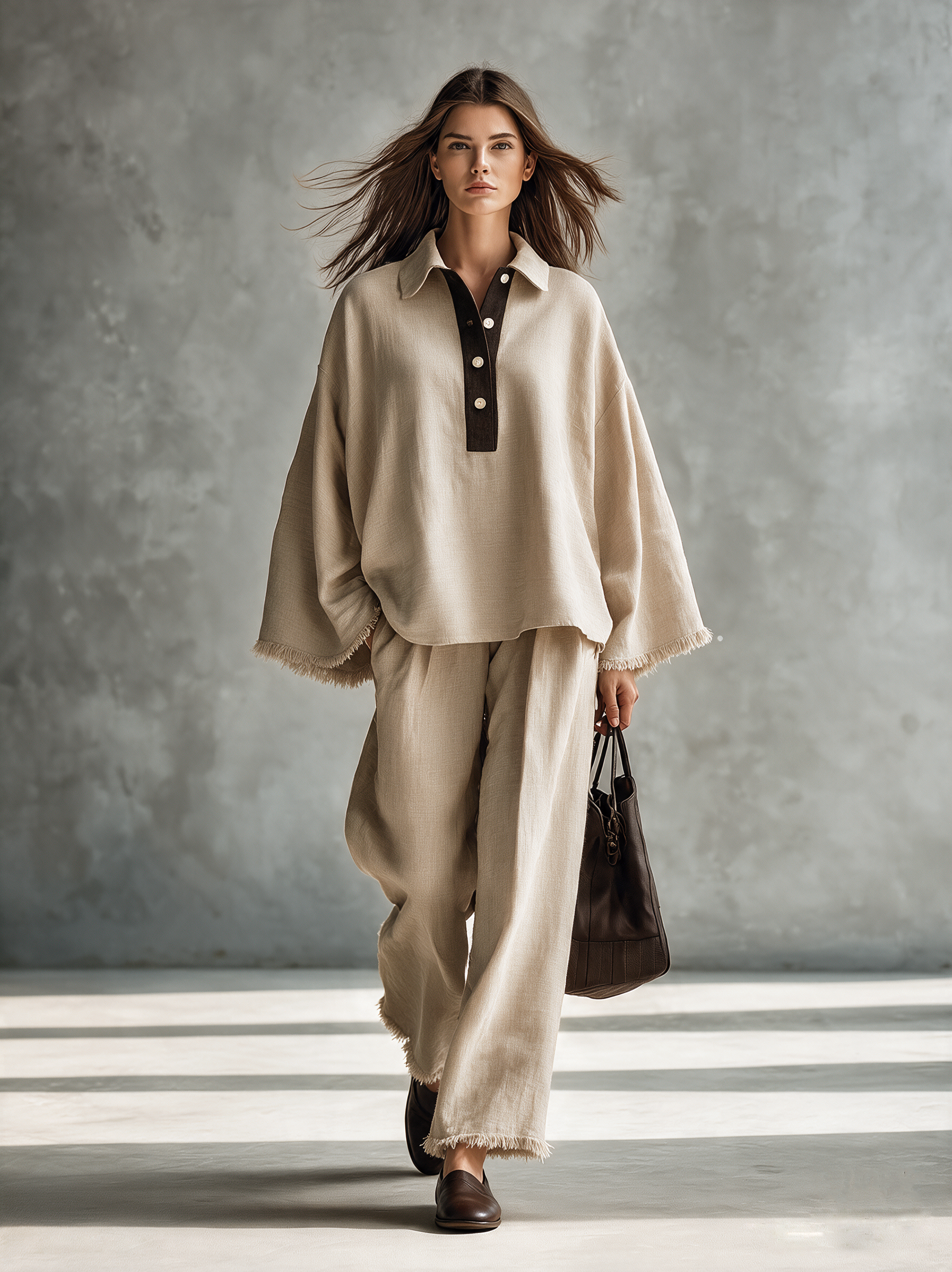 Women's Casual Khaki Cotton-Linen Long-Sleeve Top And Trousers With Raw Edges Two-Piece Set MDZ3121H9LXY