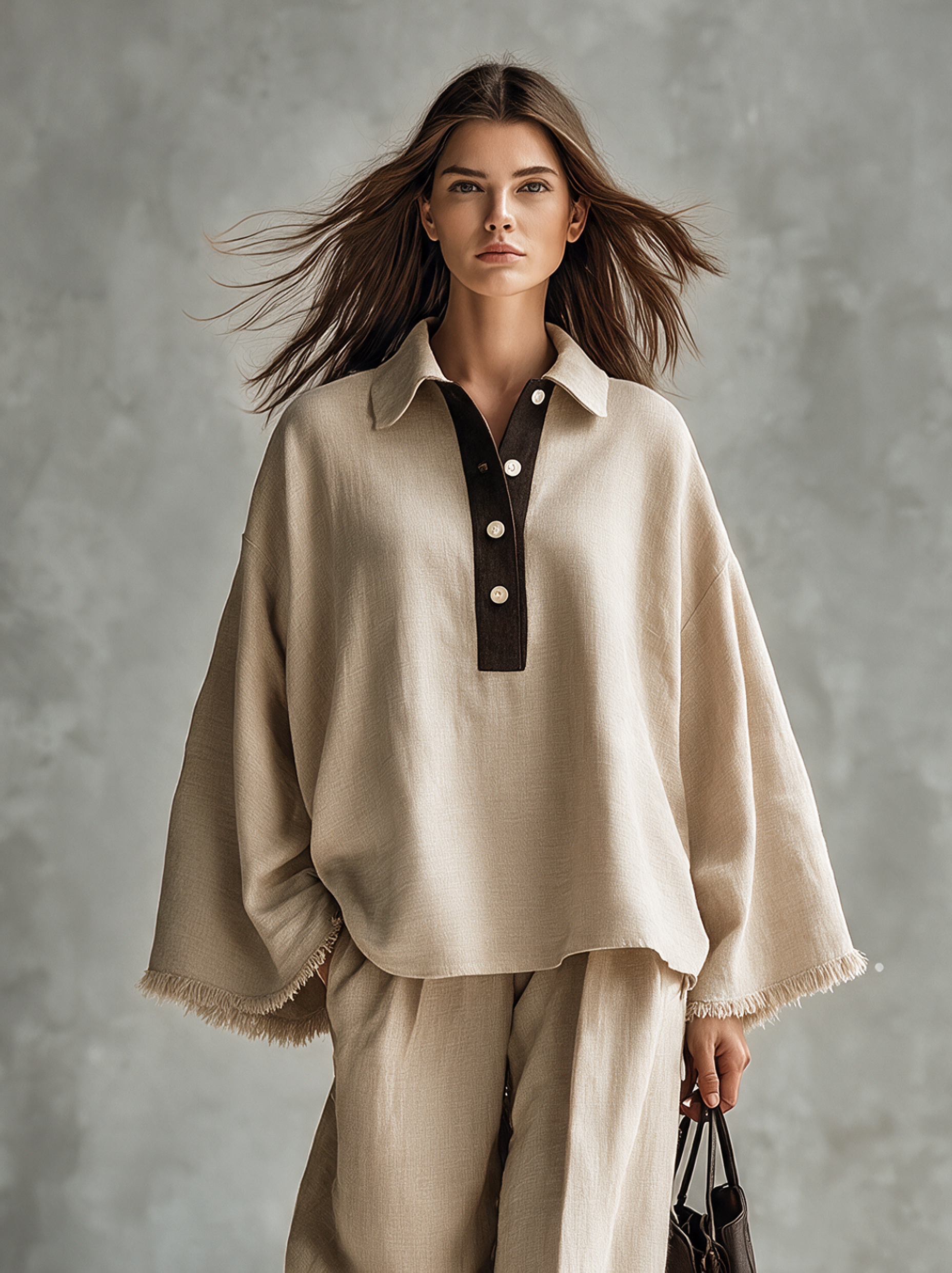 Women's Casual Khaki Cotton-Linen Long-Sleeve Top And Trousers With Raw Edges Two-Piece Set MDZ3121H9LXY