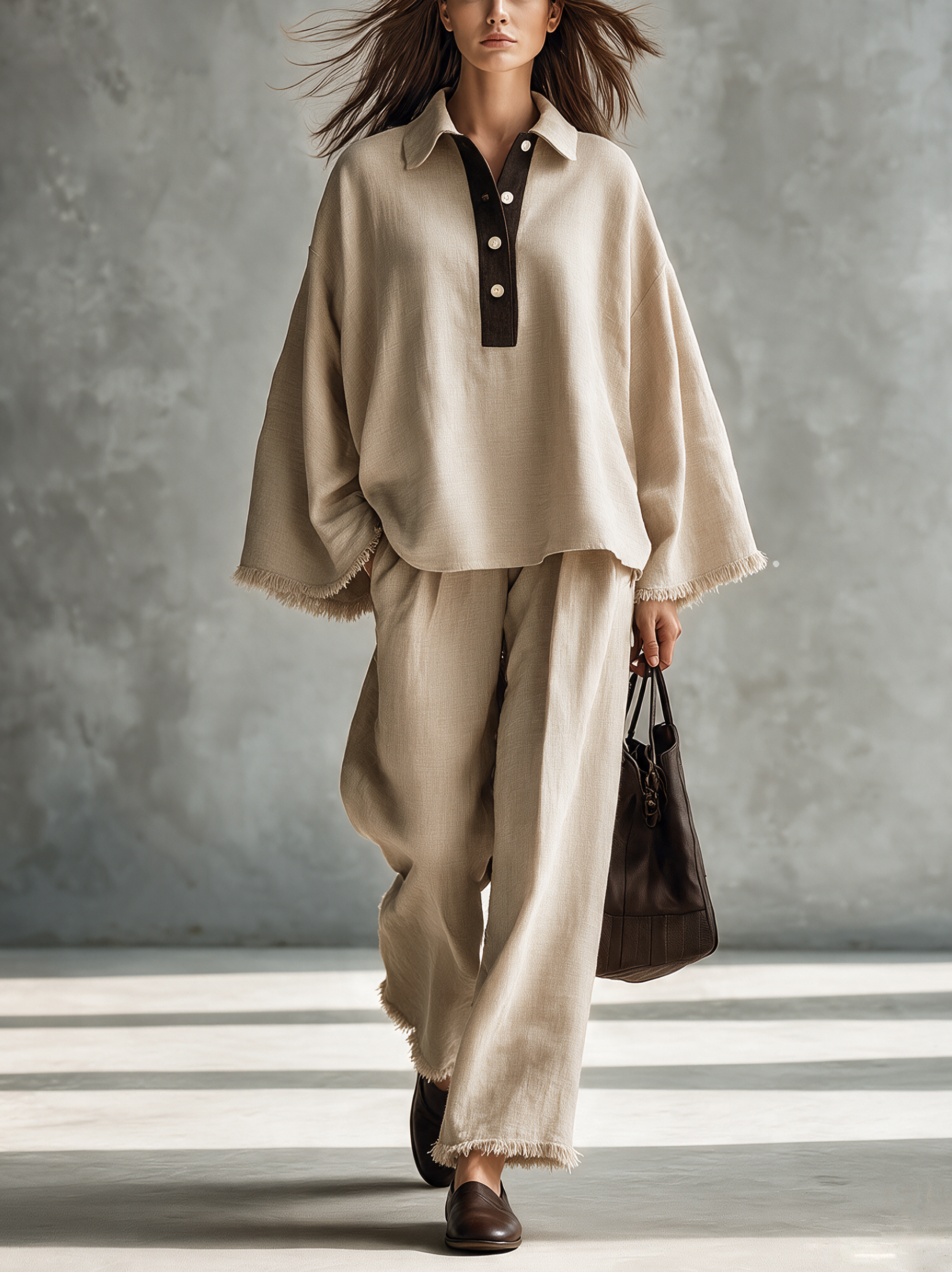 Women's Casual Khaki Cotton-Linen Long-Sleeve Top And Trousers With Raw Edges Two-Piece Set MDZ3121H9LXY