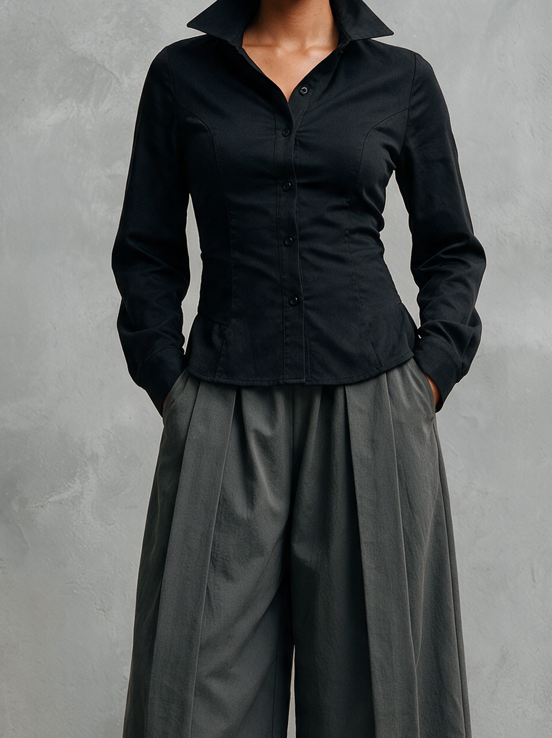 Women's Casual Black Woven Shirt And Grey Woven Trousers Two-Piece Set MDZ3169H7LXY