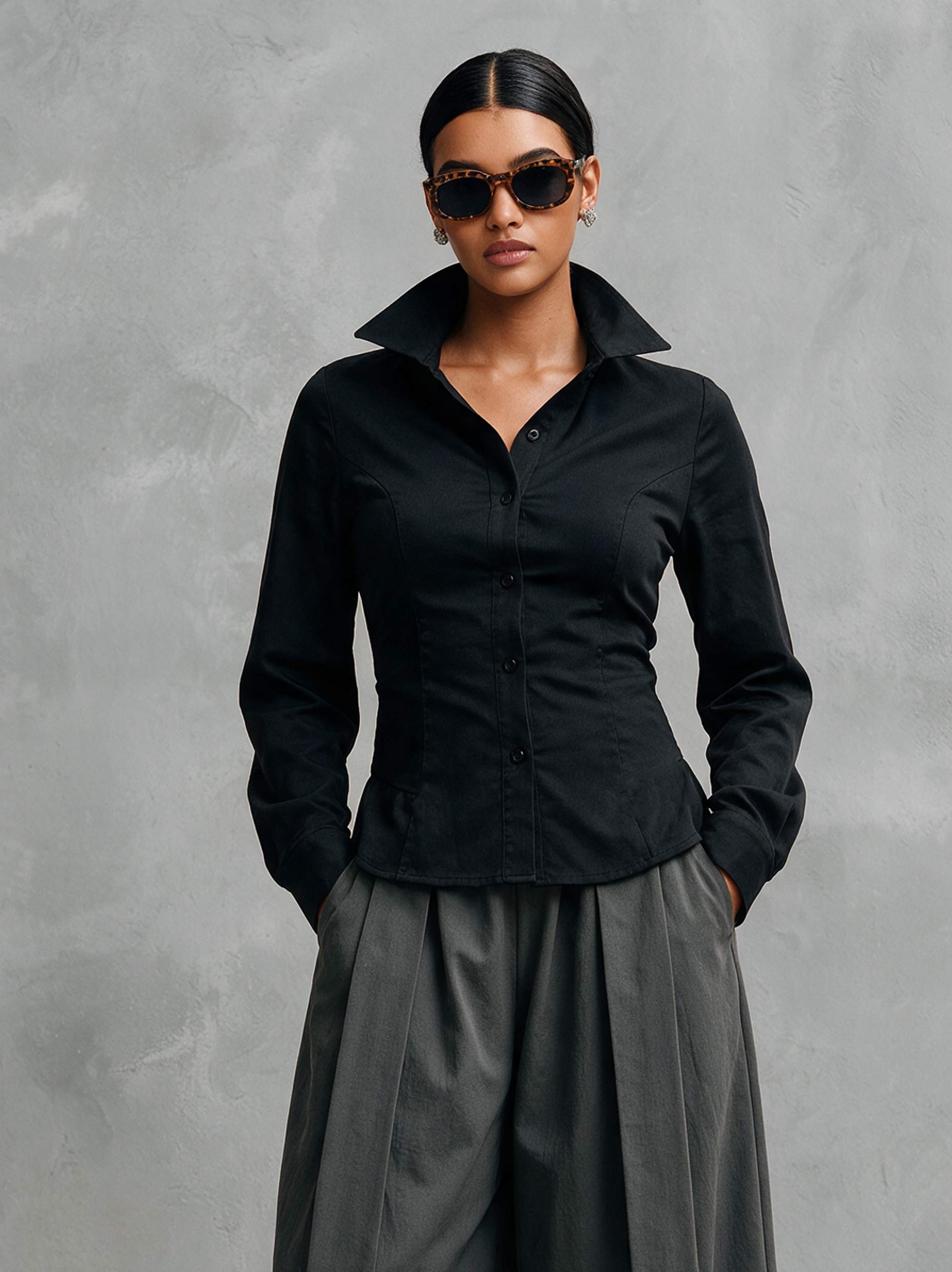 Women's Casual Black Woven Shirt And Grey Woven Trousers Two-Piece Set MDZ3169H7LXY