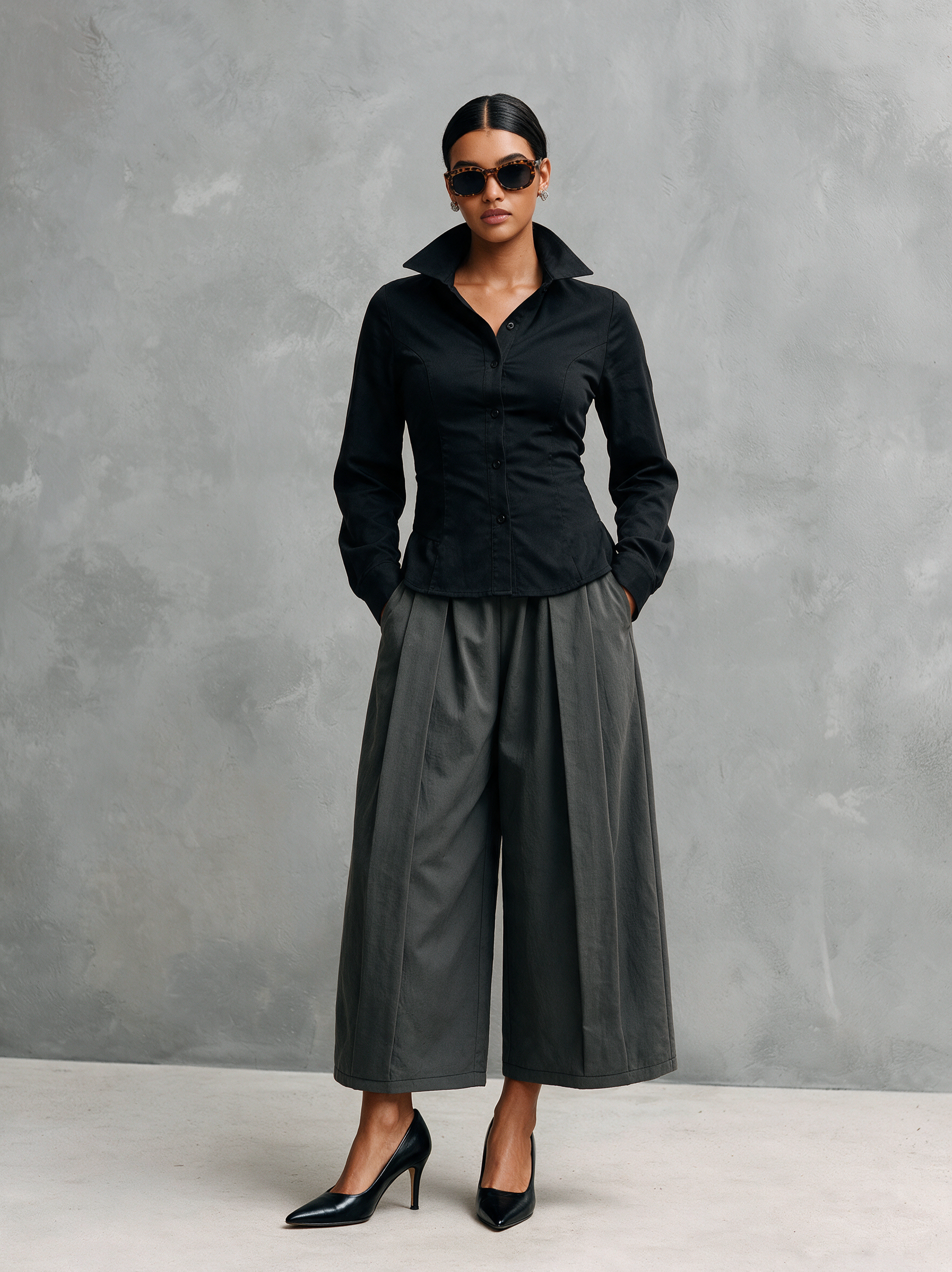 Women's Casual Black Woven Shirt And Grey Woven Trousers Two-Piece Set MDZ3169H7LXY