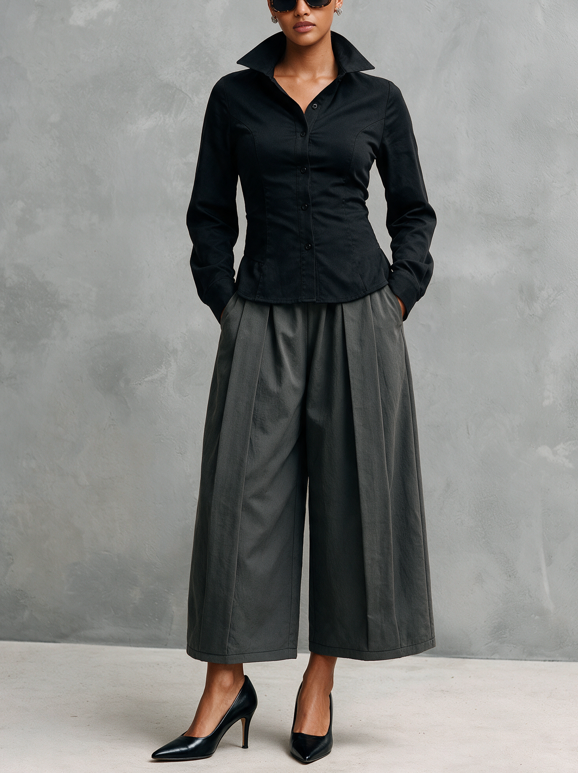 Women's Casual Black Woven Shirt And Grey Woven Trousers Two-Piece Set MDZ3169H7LXY