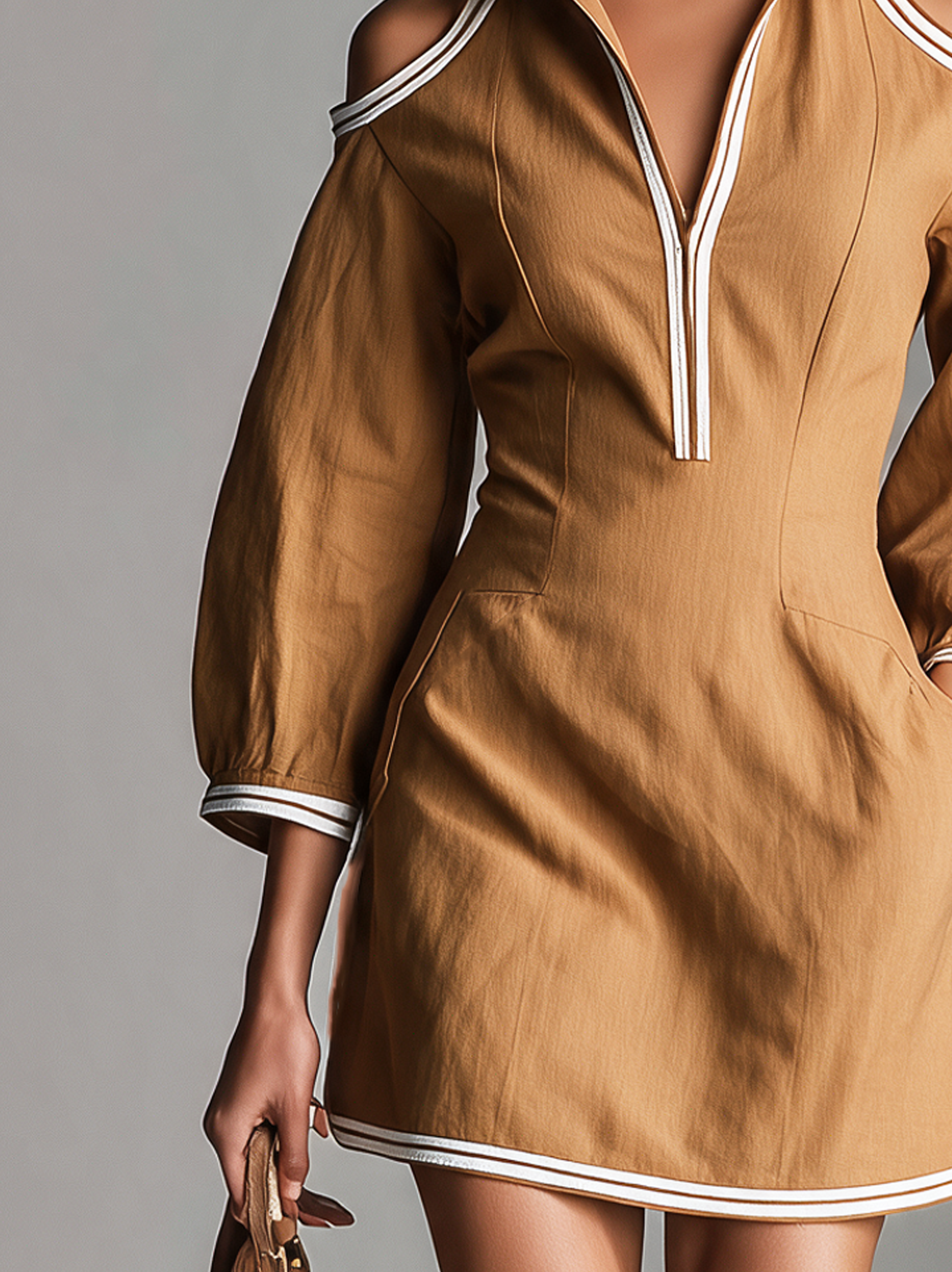 Women's Casual Caramel-Colored Woven Lantern-Sleeve Mini Dress MDZ3106H6LXY