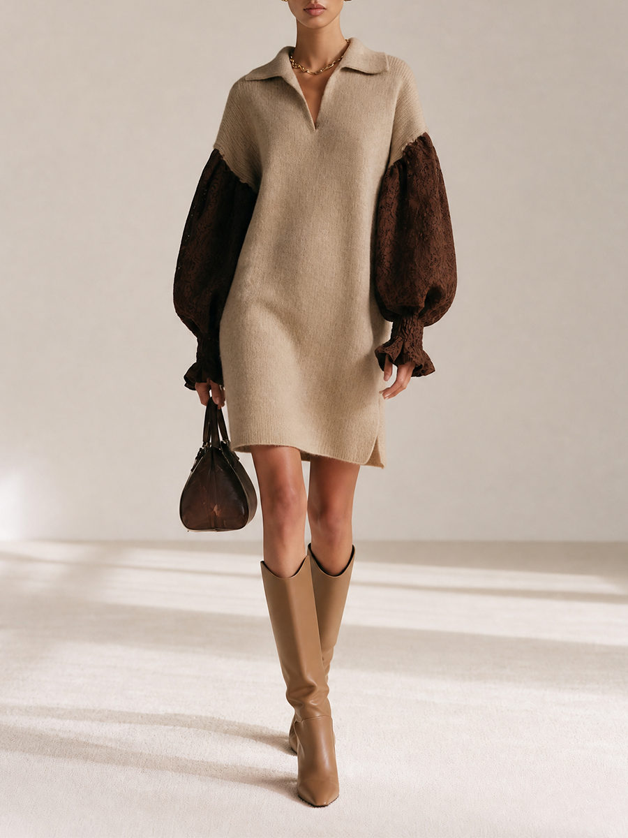 Women's Collared Contrast‑Lace Puff Long‑Sleeve Relaxed Knitted Mini Dress MDZ3152H4CMX