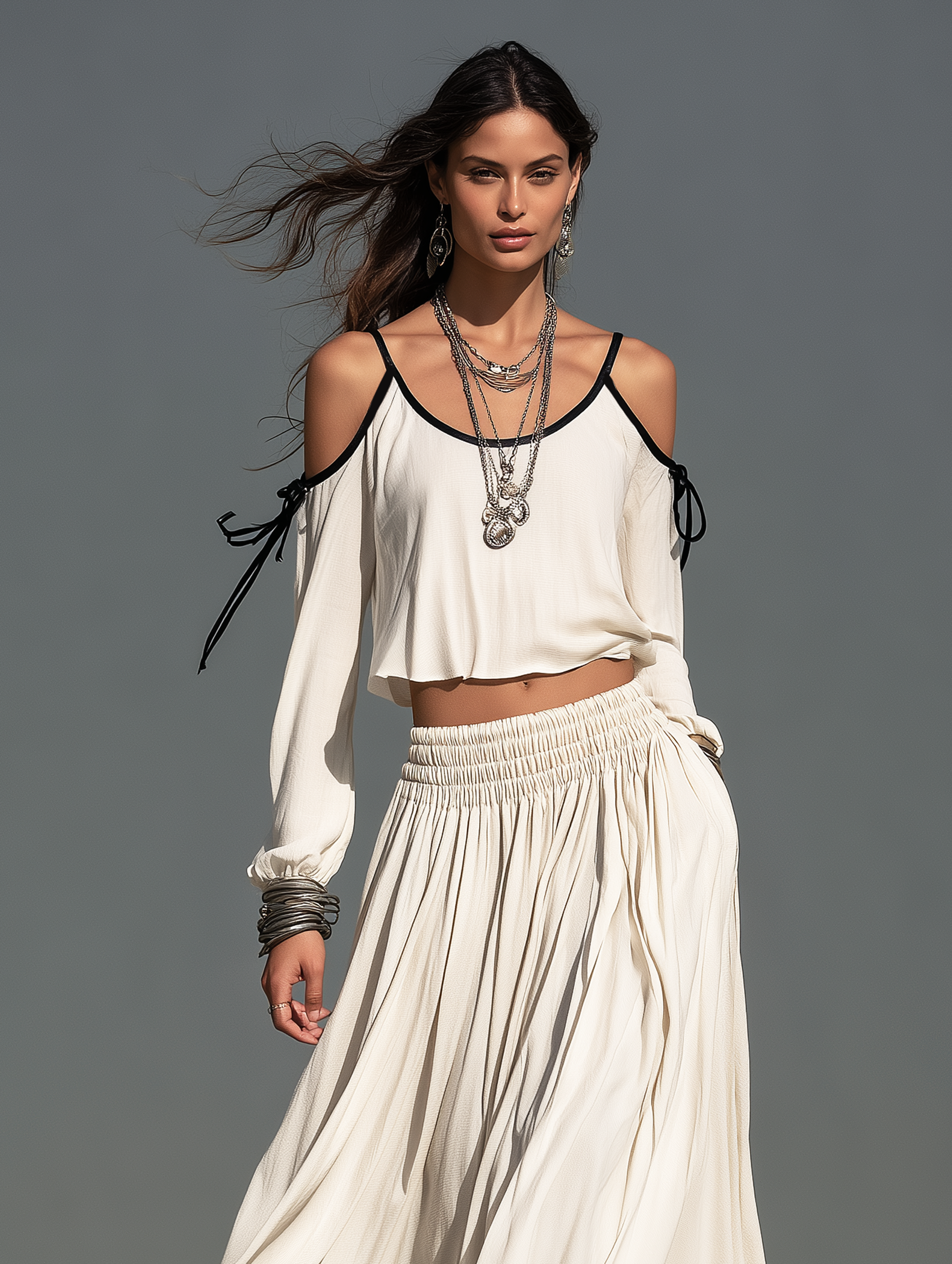 Women's Casual White Woven Long-Sleeve Camisole Top And Skirt Two-Piece Set MDZ3167H5LXY