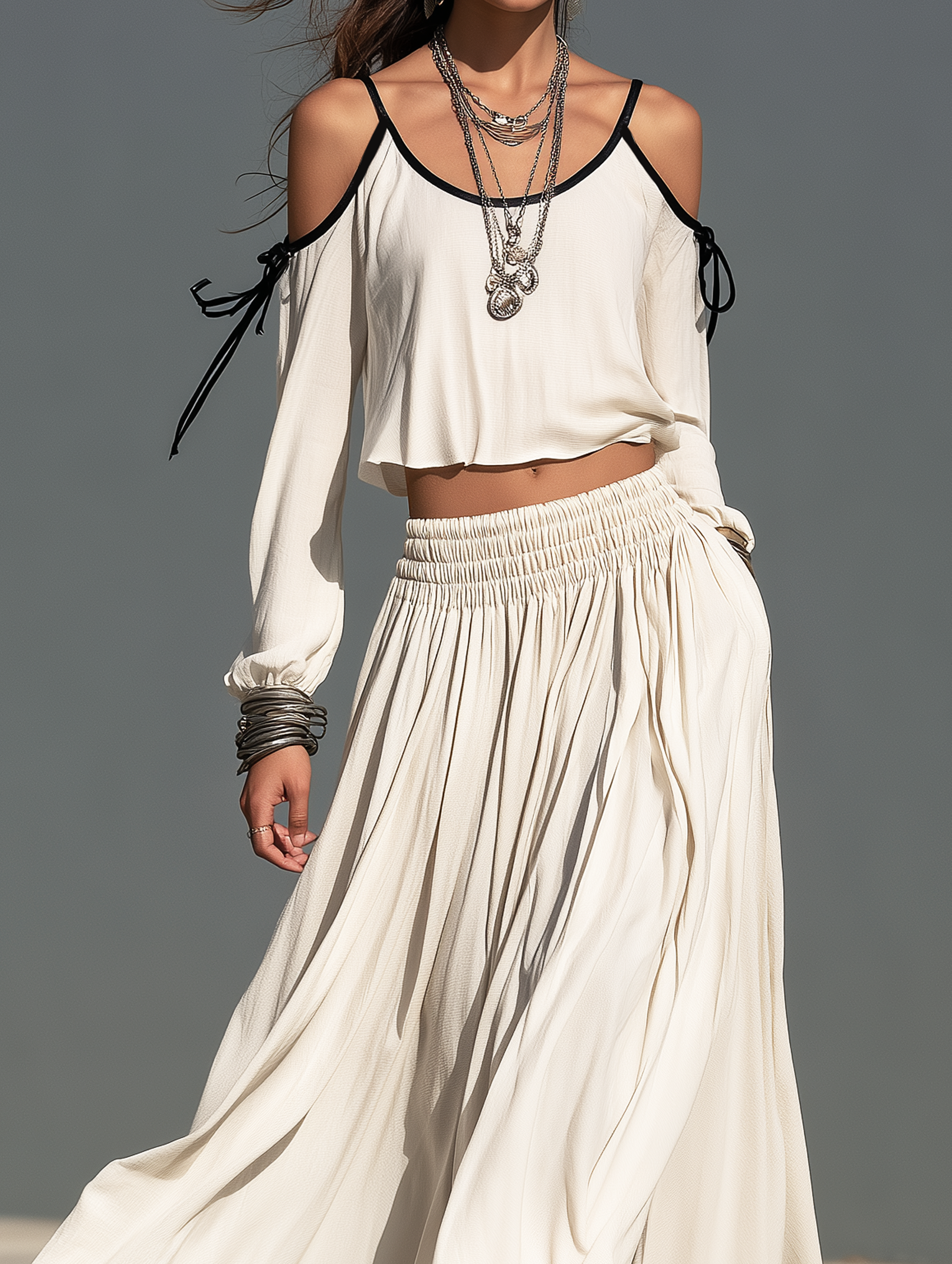 Women's Casual White Woven Long-Sleeve Camisole Top And Skirt Two-Piece Set MDZ3167H5LXY