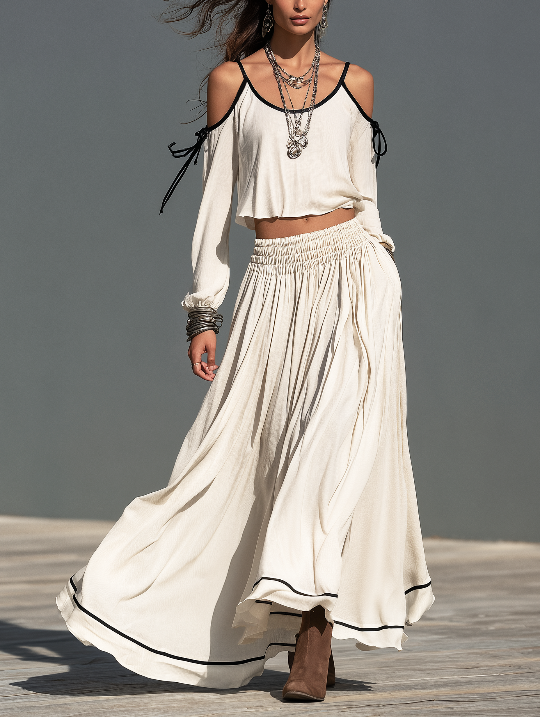 Women's Casual White Woven Long-Sleeve Camisole Top And Skirt Two-Piece Set MDZ3167H5LXY