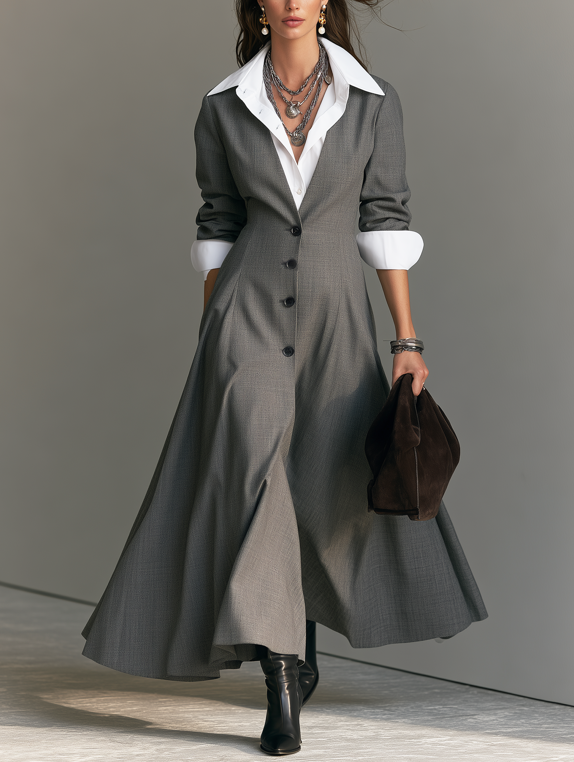 Women's Casual Long-Sleeved Maxi Dress In Grey Suiting Fabric And A White Shirt Two-Piece Set MDZ3141H0LXY