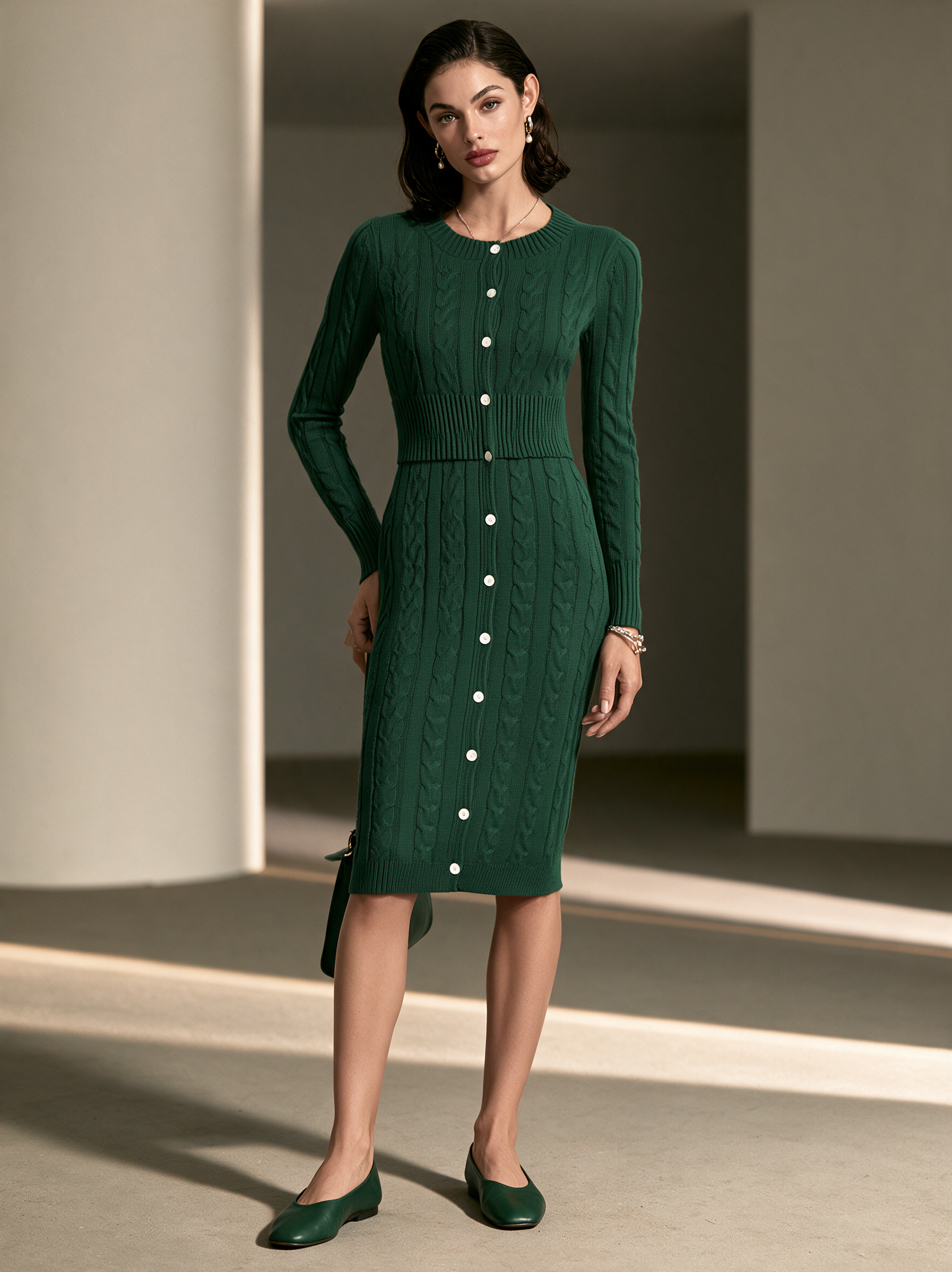 Women's Cable Knit Elegant Round Neck Midi Dress MDZ3138H0GMJ