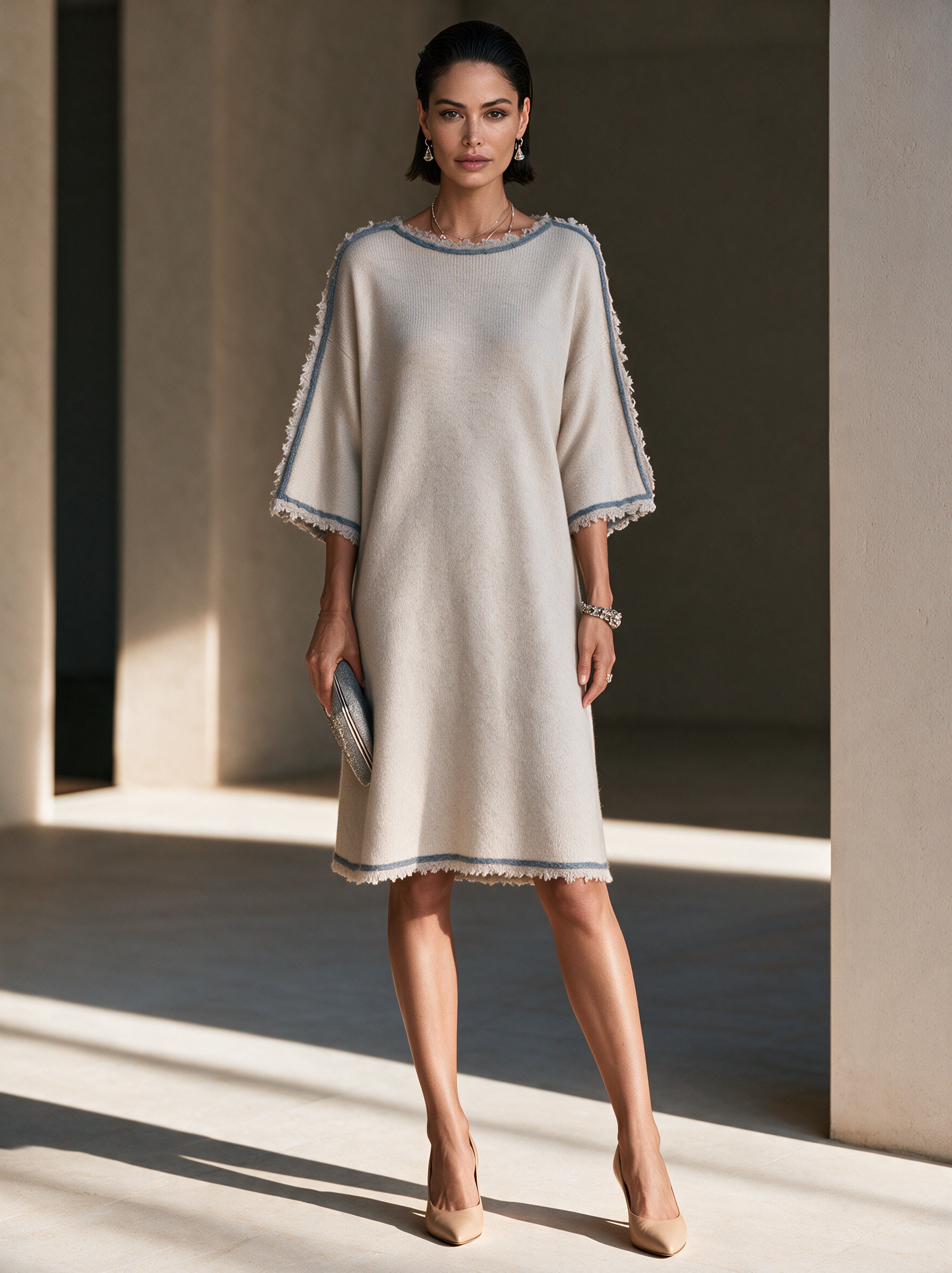 Women's Frayed Contrast Trim Casual Knit Midi Dress MDZ3102H6GMJ