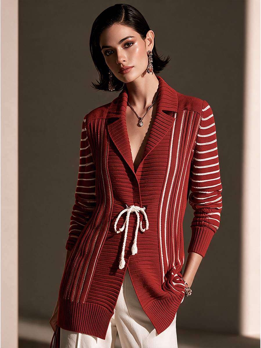 Women's Contrast Stripe Elegant Knit Lapel Cardigan MDZ3197H6GMJ