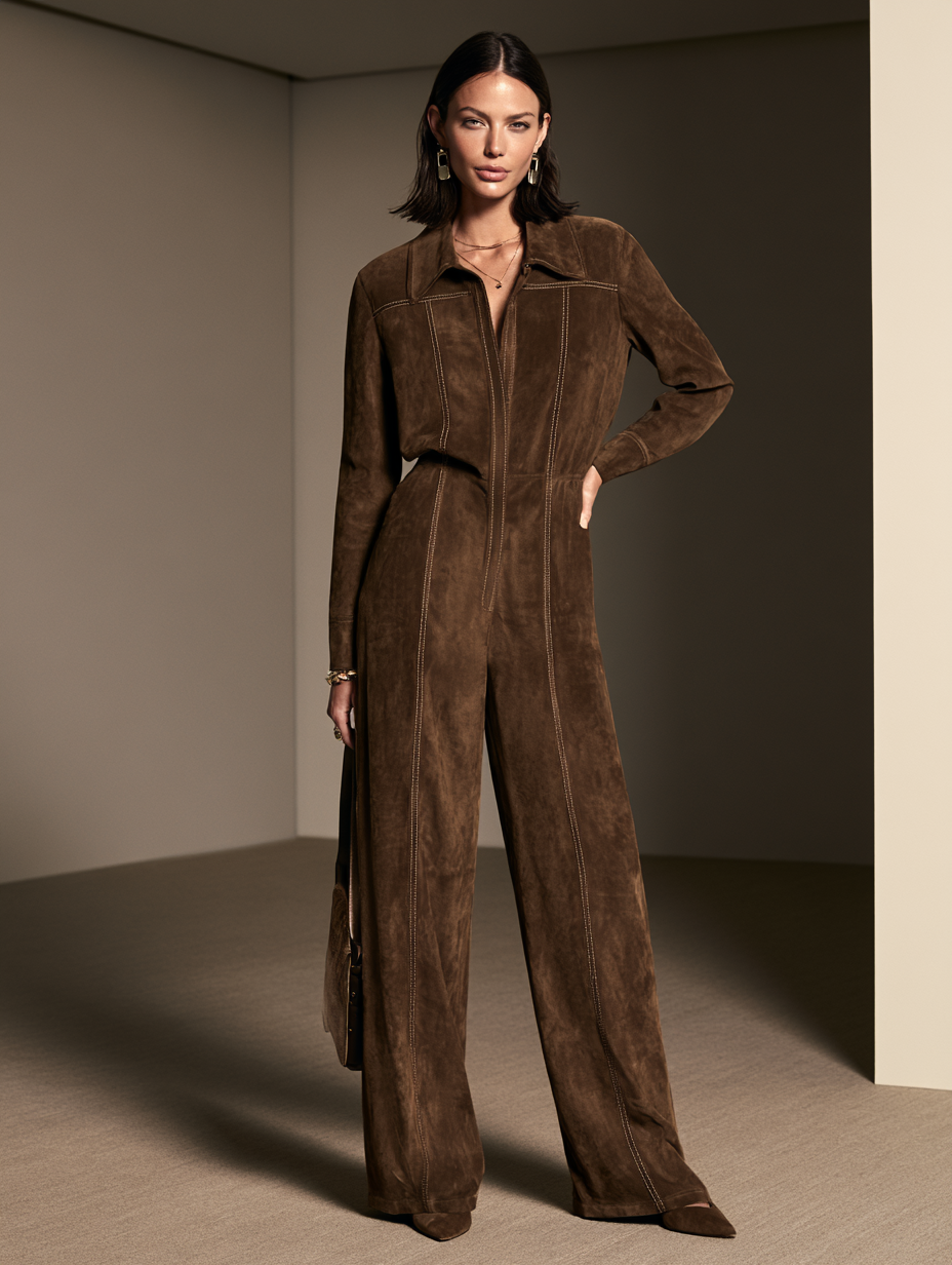 Women's Contrast Stitch Casual Suede Lapel Jumpsuit MDZ3176H7GMJ
