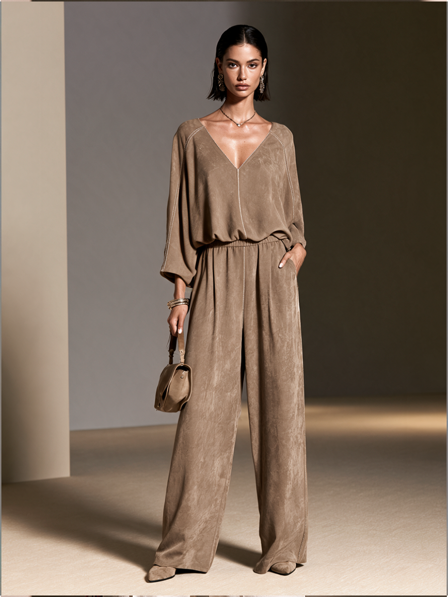 Women's Relaxed Suede V-Neck Wide-Leg Pants Set MDZ3179H2GMJ