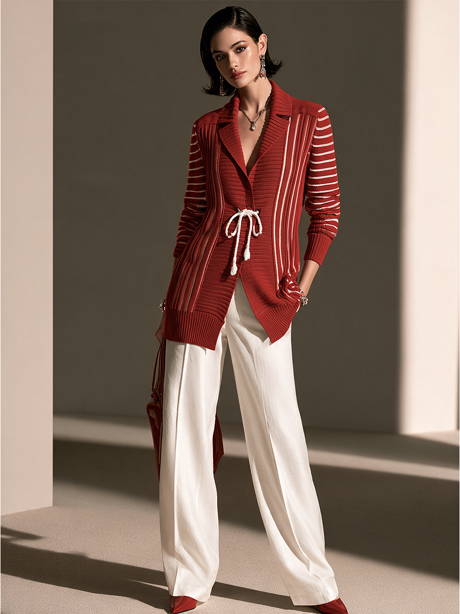 Women's Contrast Stripe Elegant Knit Wide-Leg Pants Set MDZ3183H4GMJ