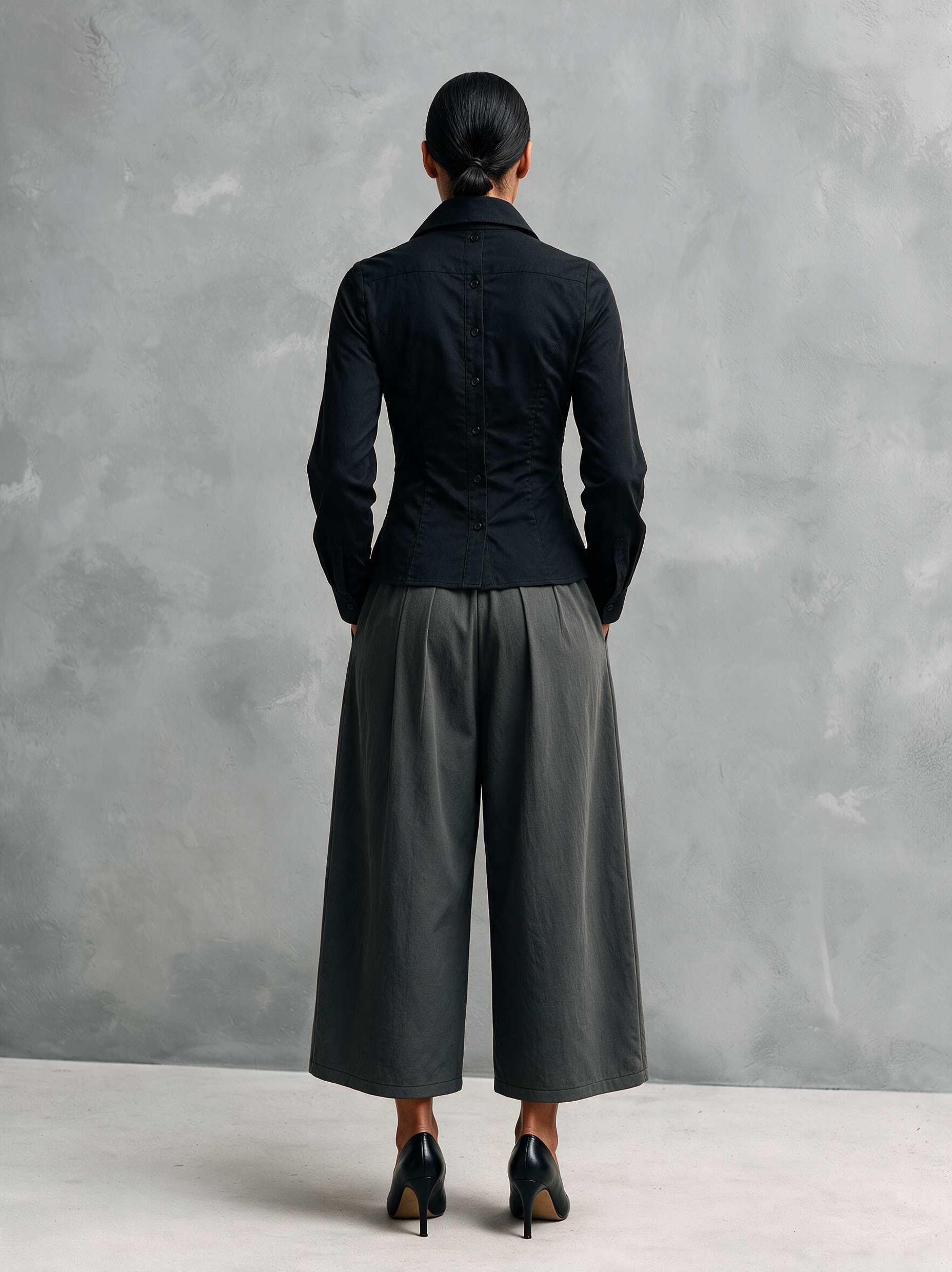Women's Casual Black Woven Shirt And Grey Woven Trousers Two-Piece Set MDZ3169H7LXY