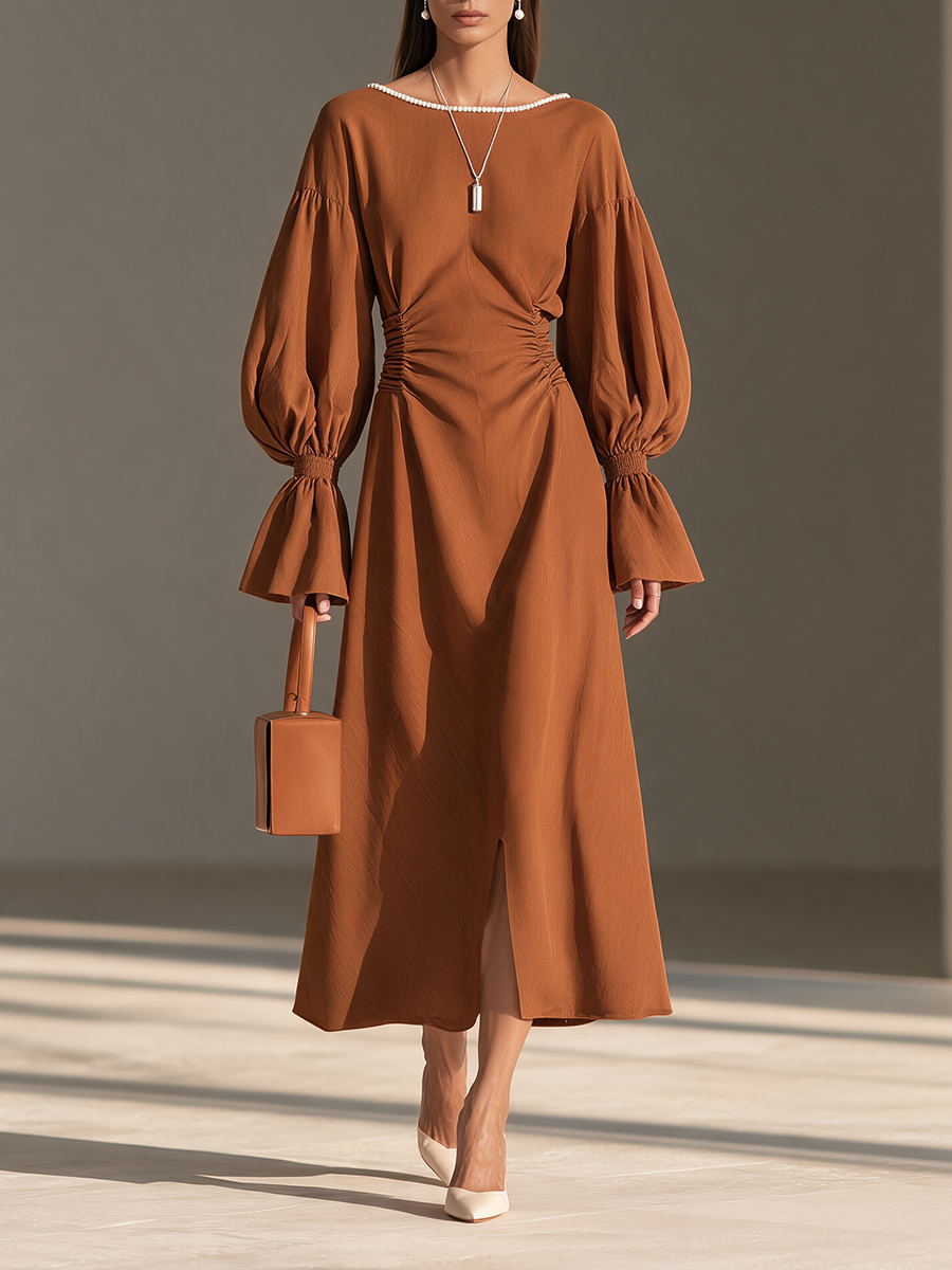 Women's Boat-Neck Ruched-Waist Balloon-Sleeve Maxi Dress MDZ3114H3CMX