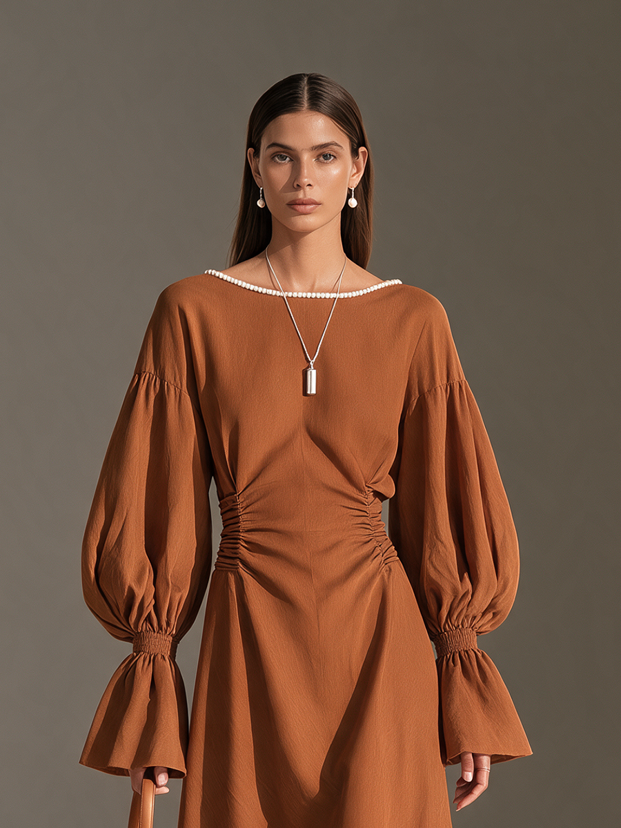 Women's Boat-Neck Ruched-Waist Balloon-Sleeve Maxi Dress MDZ3114H3CMX