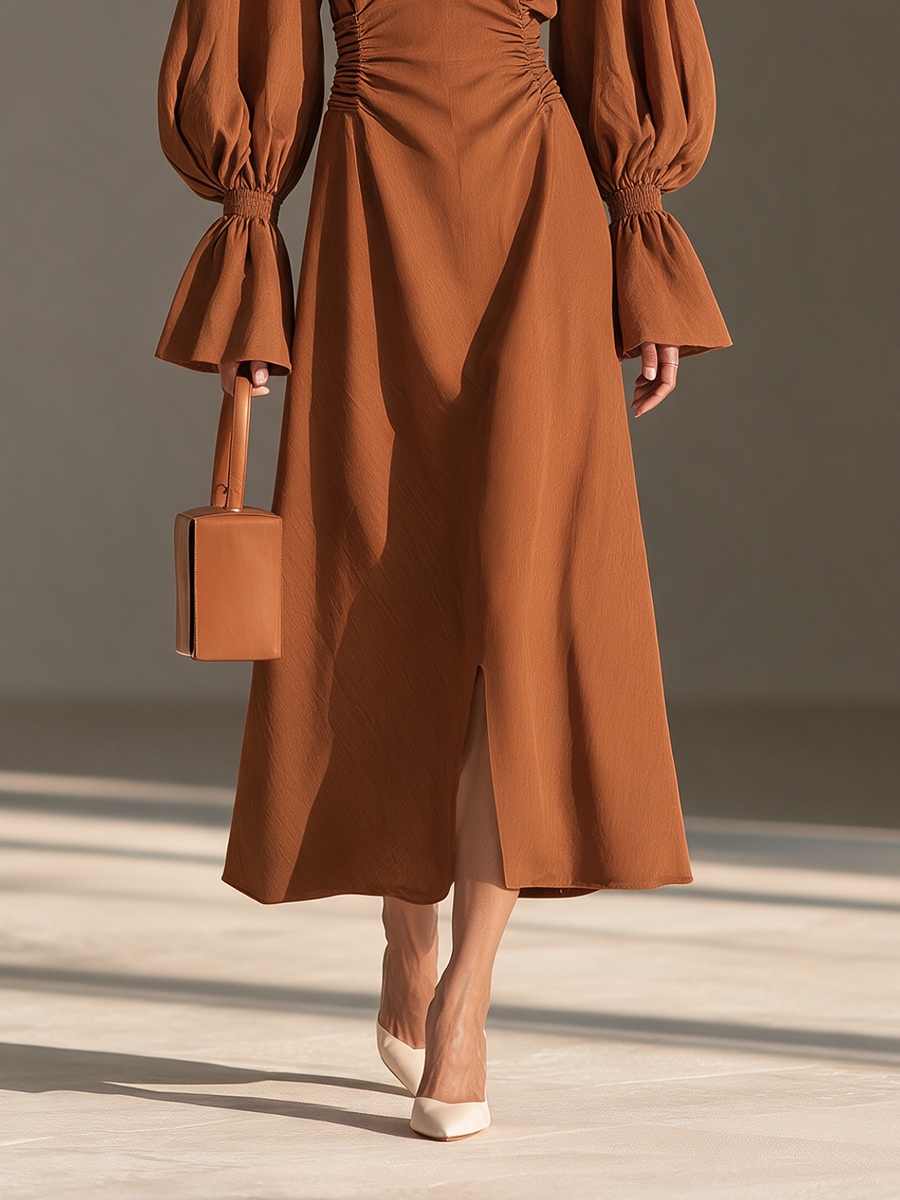Women's Boat-Neck Ruched-Waist Balloon-Sleeve Maxi Dress MDZ3114H3CMX