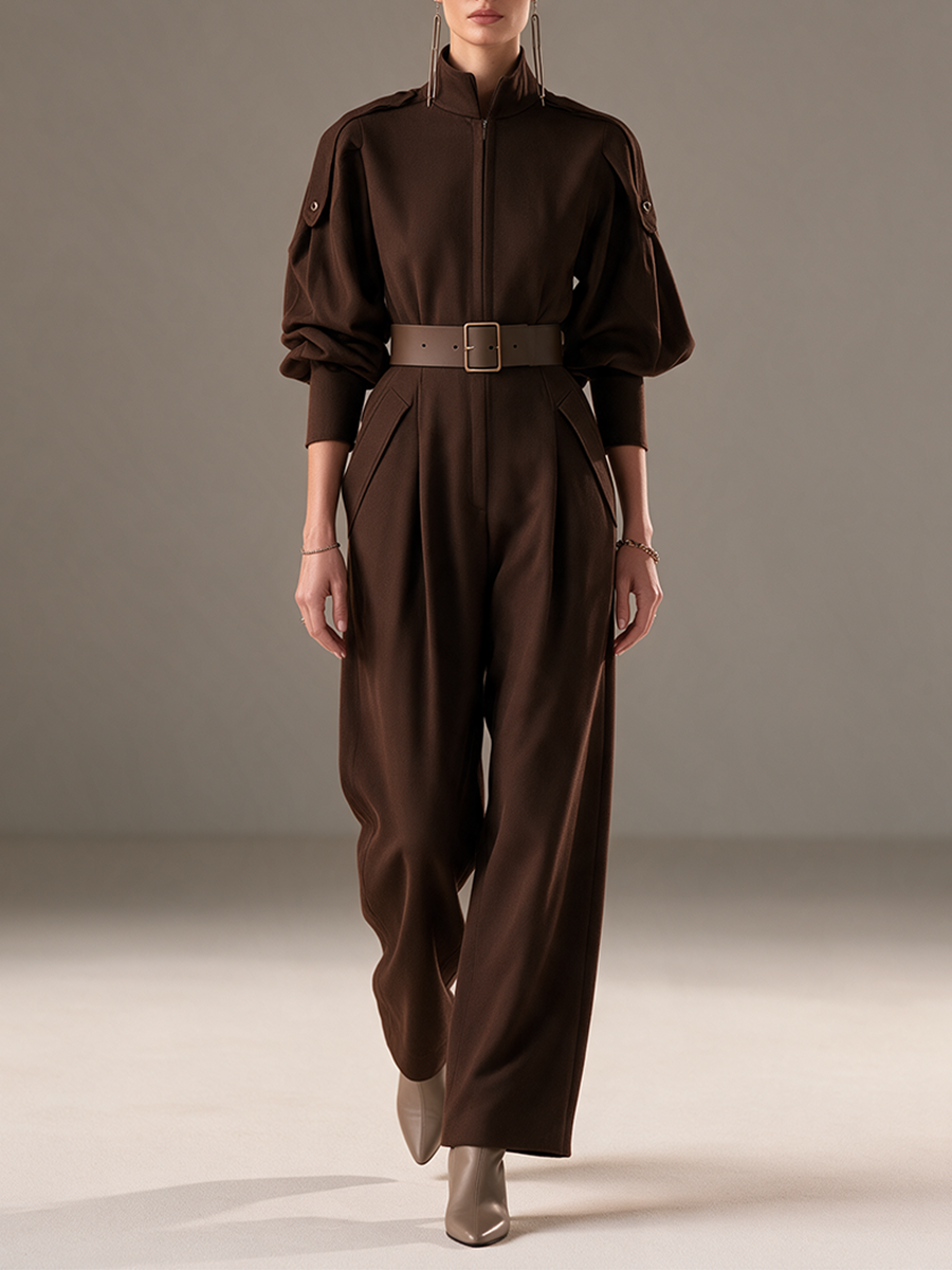 Women's Stand-Collar Zip-Front Balloon-Sleeve Belted Wide-Leg Jumpsuit MDZ3119H2CMX