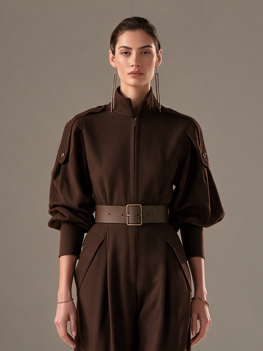 Women's Stand-Collar Zip-Front Balloon-Sleeve Belted Wide-Leg Jumpsuit MDZ3119H2CMX