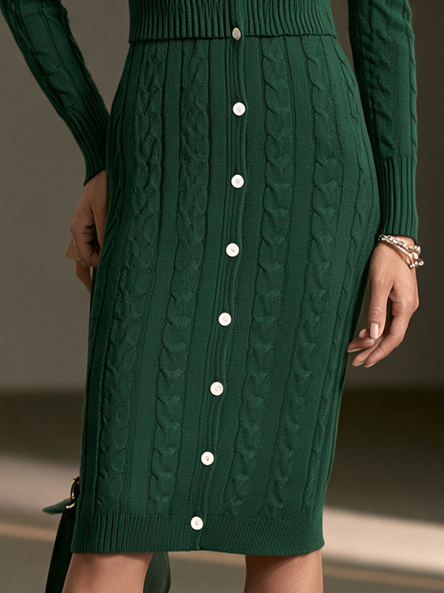 Women's Cable Knit Elegant Round Neck Midi Dress MDZ3138H0GMJ