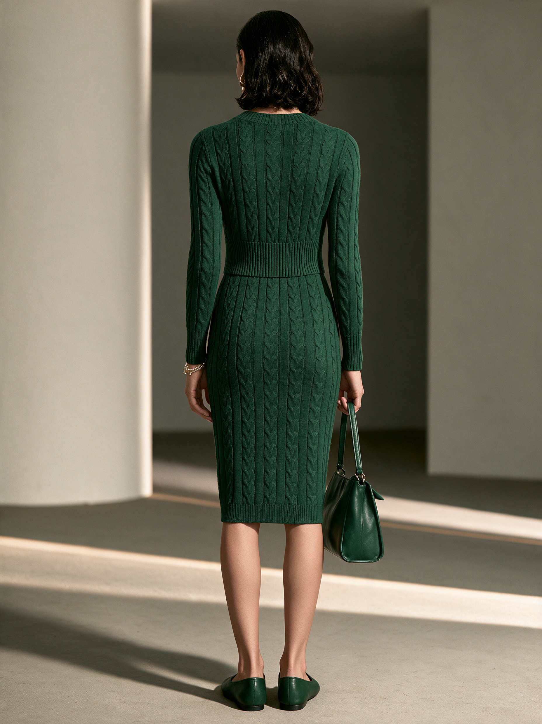 Women's Cable Knit Elegant Round Neck Midi Dress MDZ3138H0GMJ