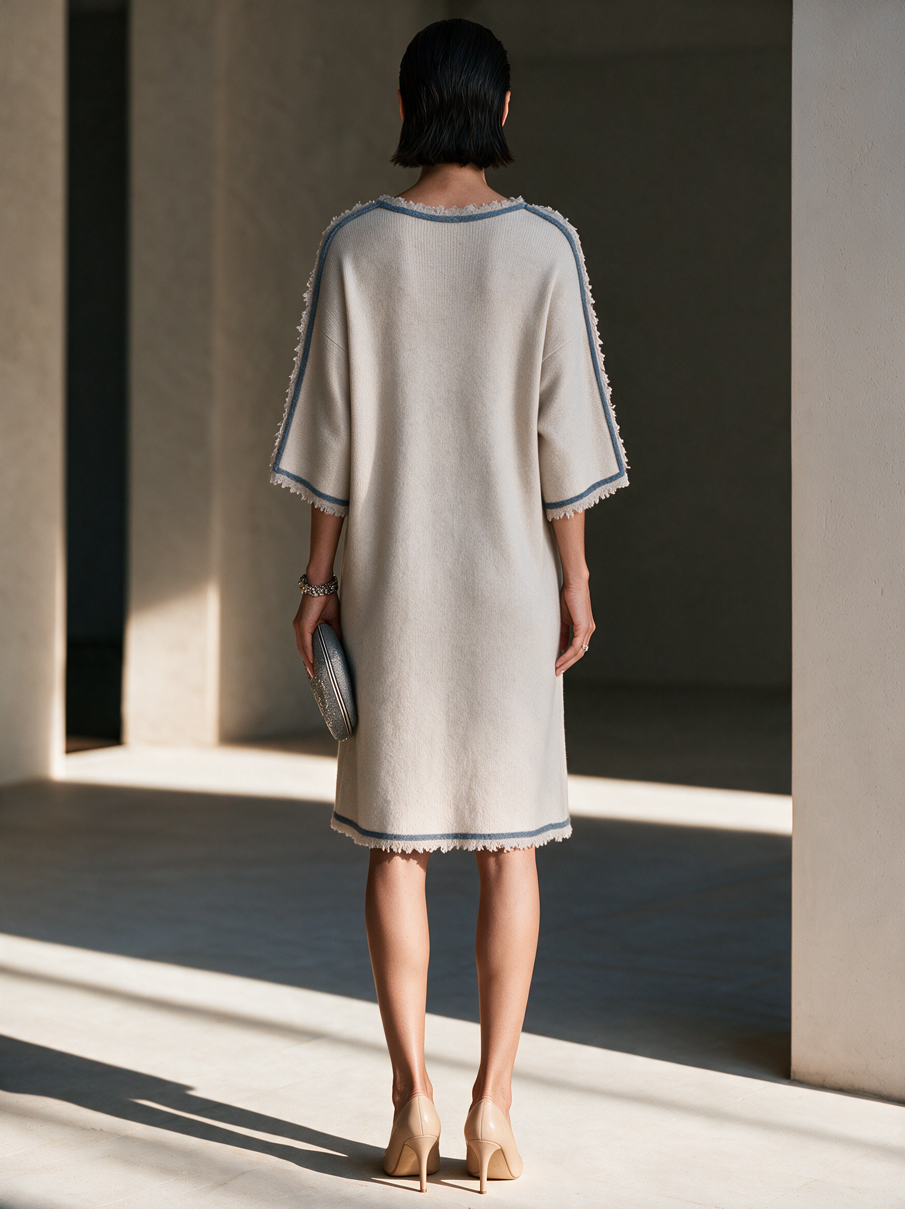 Women's Frayed Contrast Trim Casual Knit Midi Dress MDZ3102H6GMJ