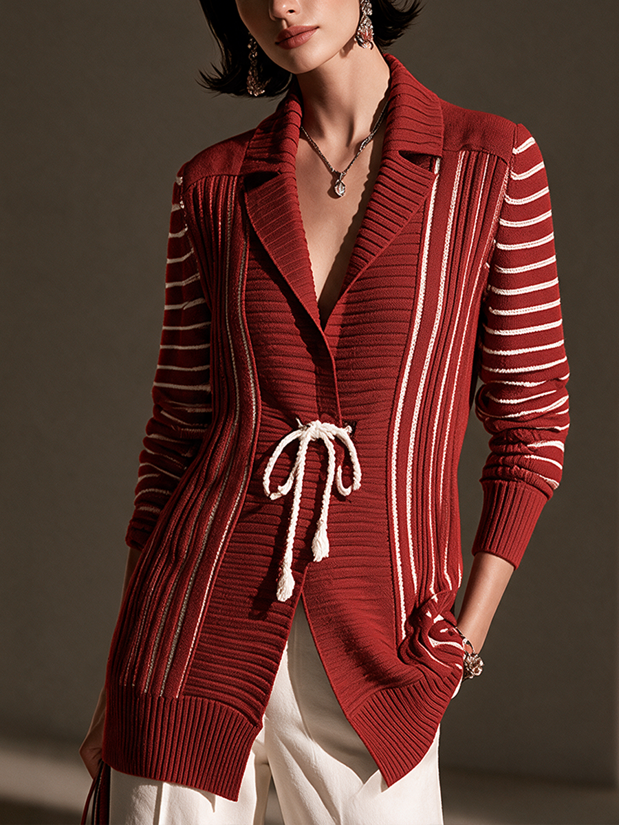 Women's Contrast Stripe Elegant Knit Lapel Cardigan MDZ3197H6GMJ