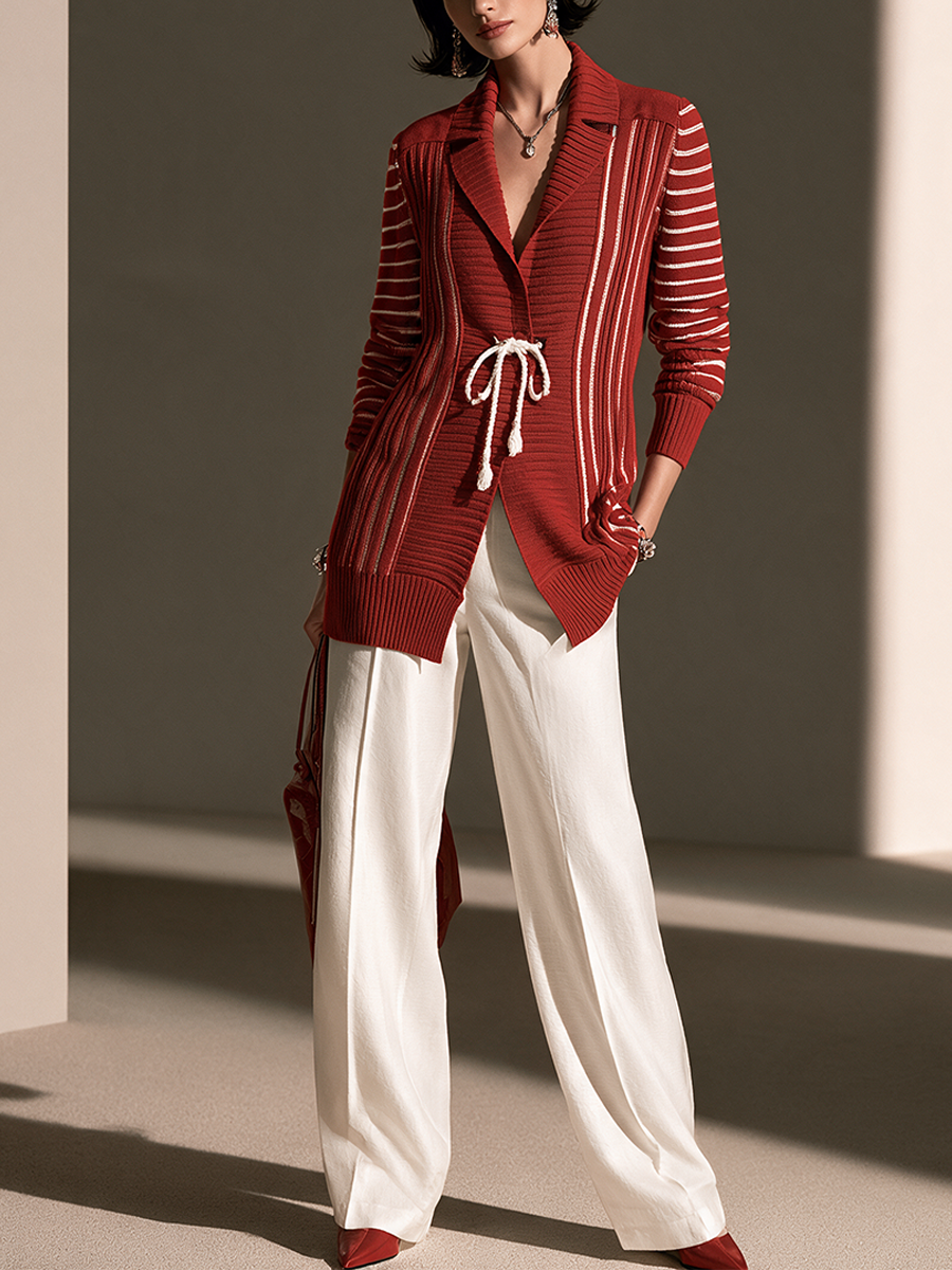 Women's Contrast Stripe Elegant Knit Wide-Leg Pants Set MDZ3183H4GMJ
