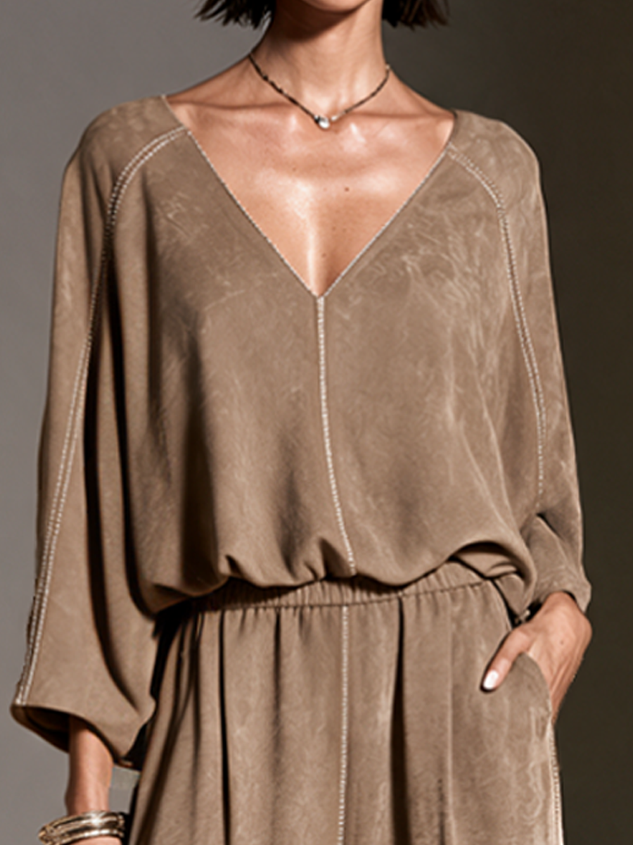 Women's Relaxed Suede V-Neck Wide-Leg Pants Set MDZ3179H2GMJ