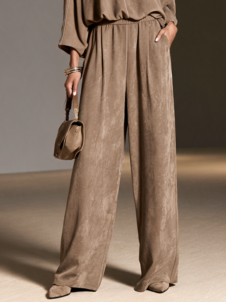 Women's Relaxed Suede V-Neck Wide-Leg Pants Set MDZ3179H2GMJ