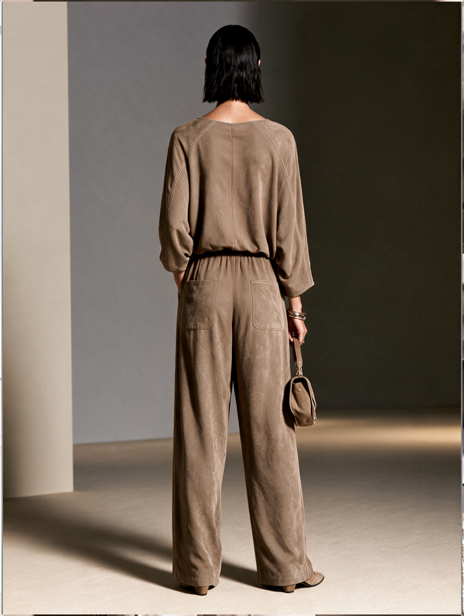 Women's Relaxed Suede V-Neck Wide-Leg Pants Set MDZ3179H2GMJ