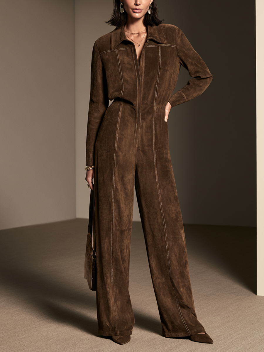 Women's Contrast Stitch Casual Suede Lapel Jumpsuit MDZ3176H7GMJ
