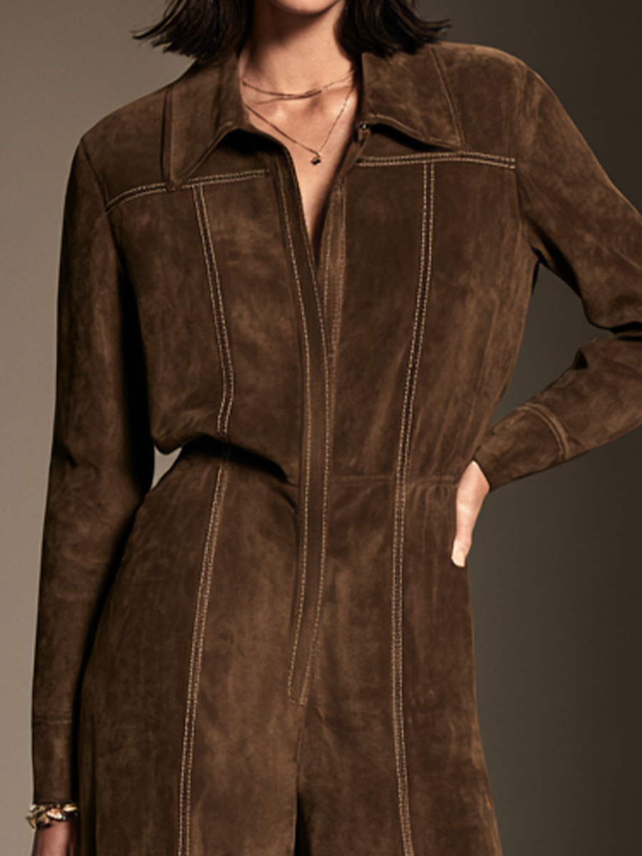 Women's Contrast Stitch Casual Suede Lapel Jumpsuit MDZ3176H7GMJ