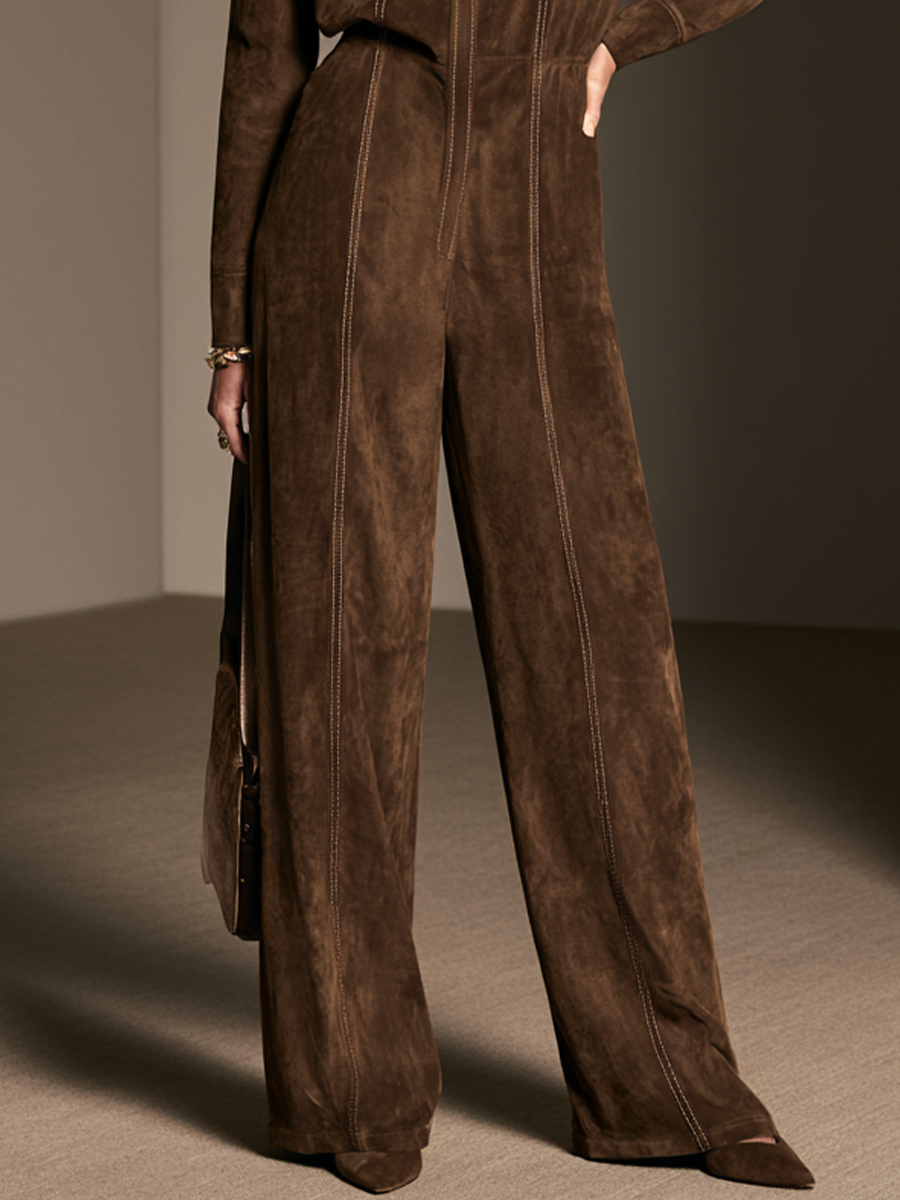 Women's Contrast Stitch Casual Suede Lapel Jumpsuit MDZ3176H7GMJ