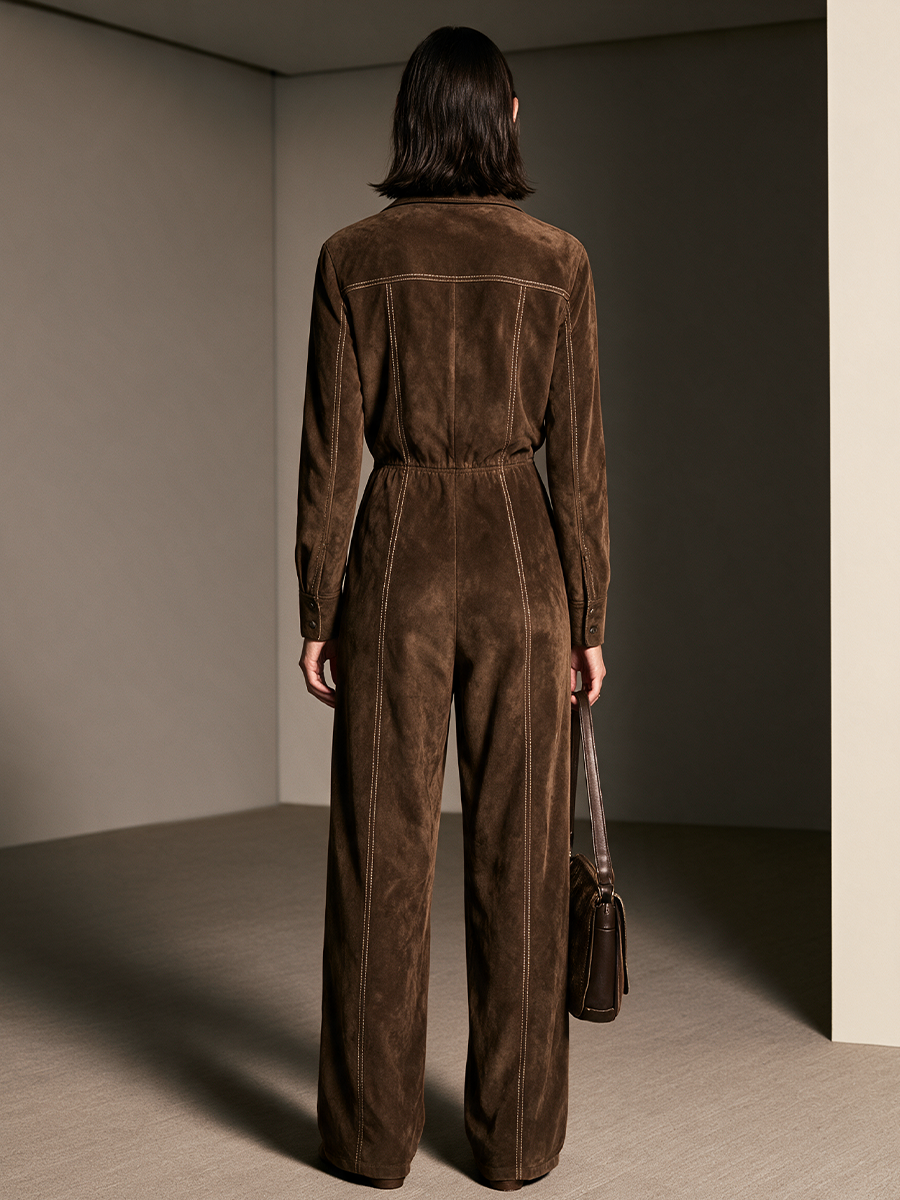 Women's Contrast Stitch Casual Suede Lapel Jumpsuit MDZ3176H7GMJ